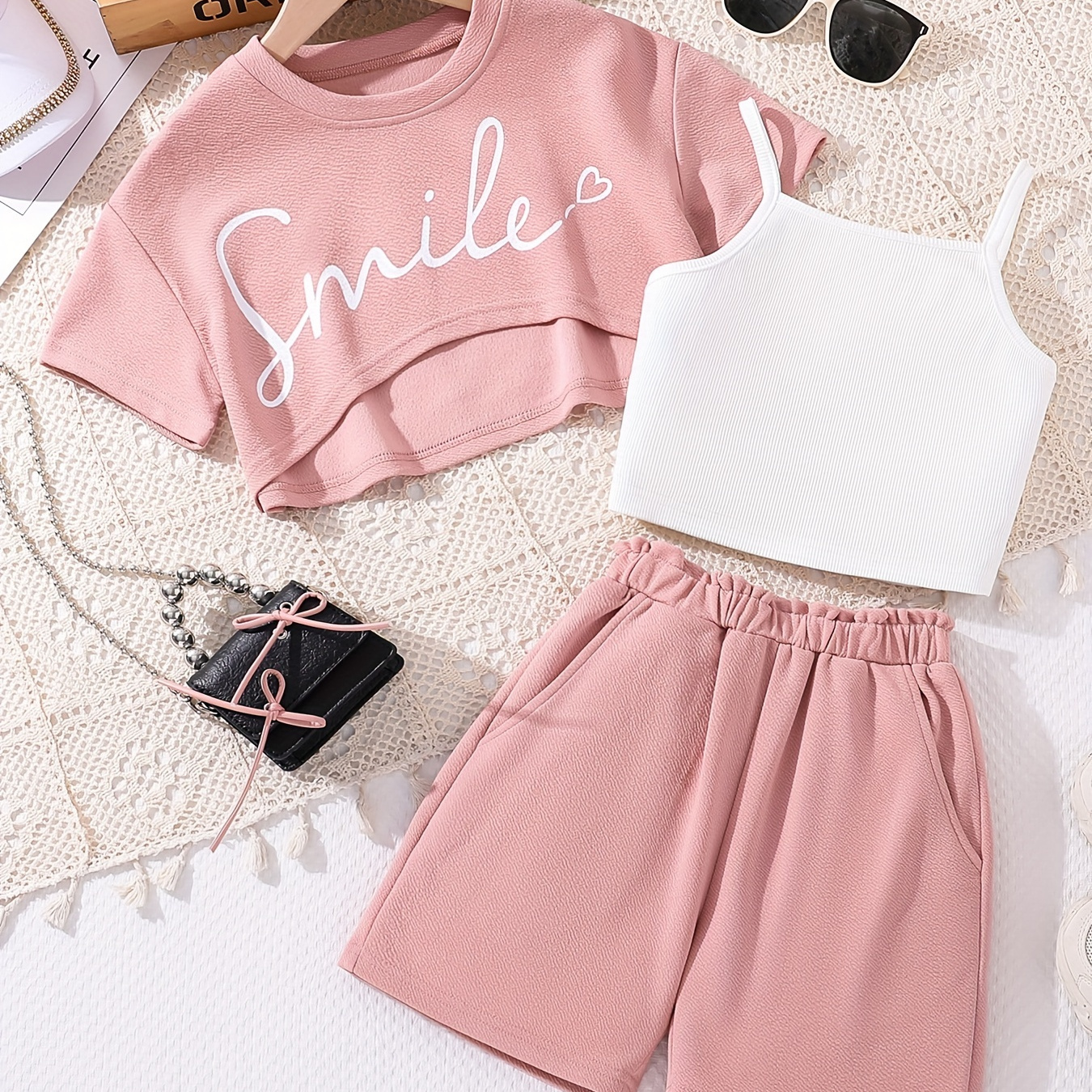 

Girl's Solid Smile Print Outfit, Crop Tee + Camisole + Shorts Set, Everyday Casual 3pcs Girls Summer Clothes