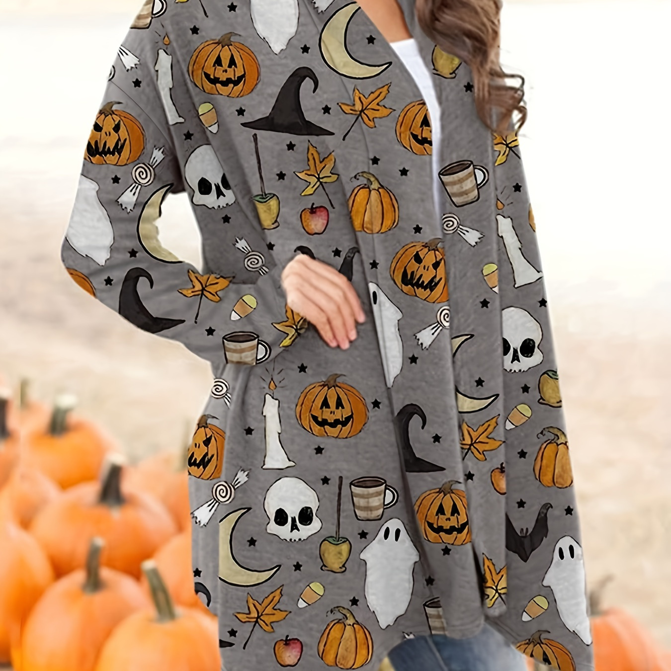 

Plus Size Halloween Cardigan, Women's Plus Cartoon Pumpkin & Skull Print Long Sleeve Open Front Sweater Cardigan
