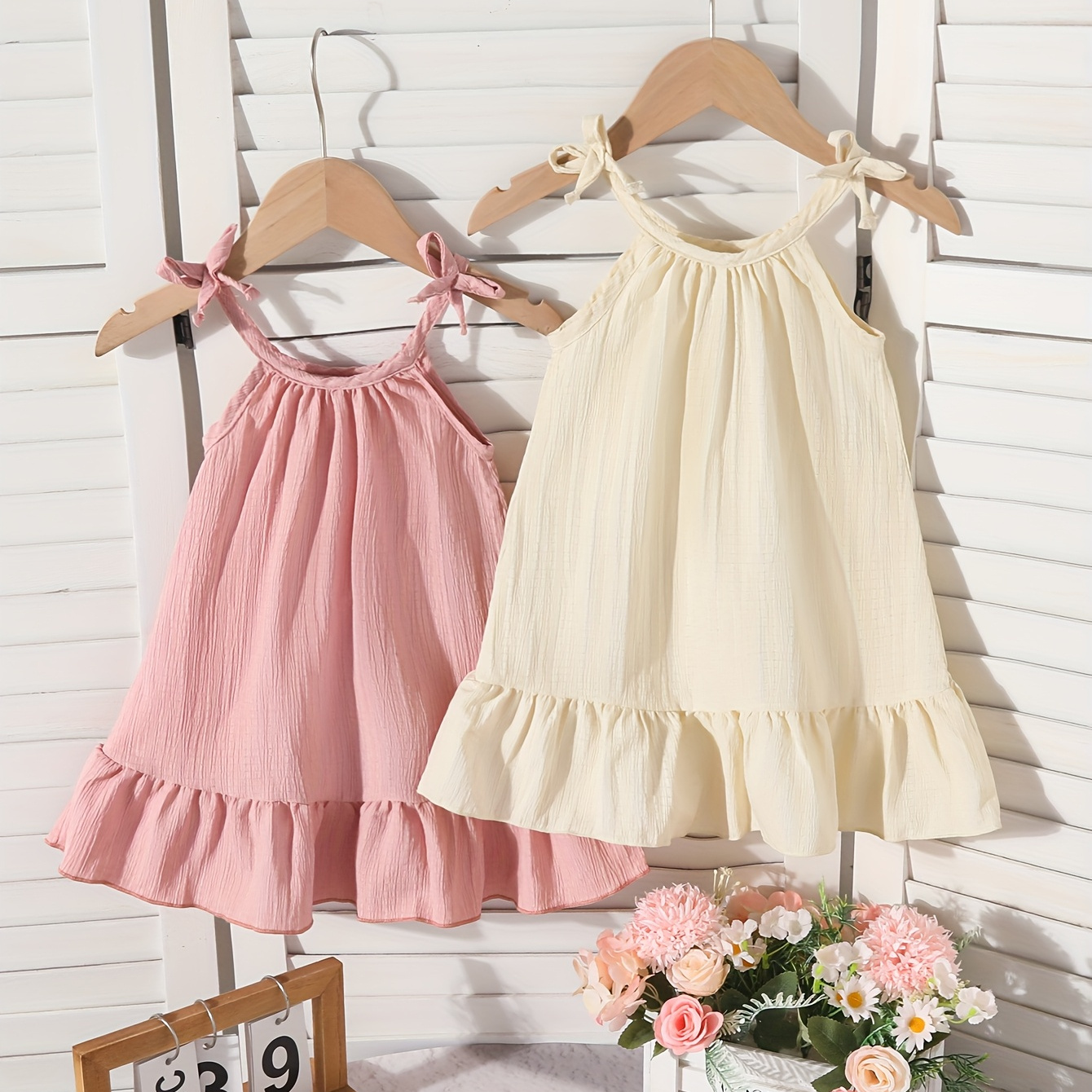 Pack de 2 Vestidos para Niña con Tirantes, Diseño Minimalista con Textura, Lazo Decorativo y Volantes, Ropa Casual de Verano