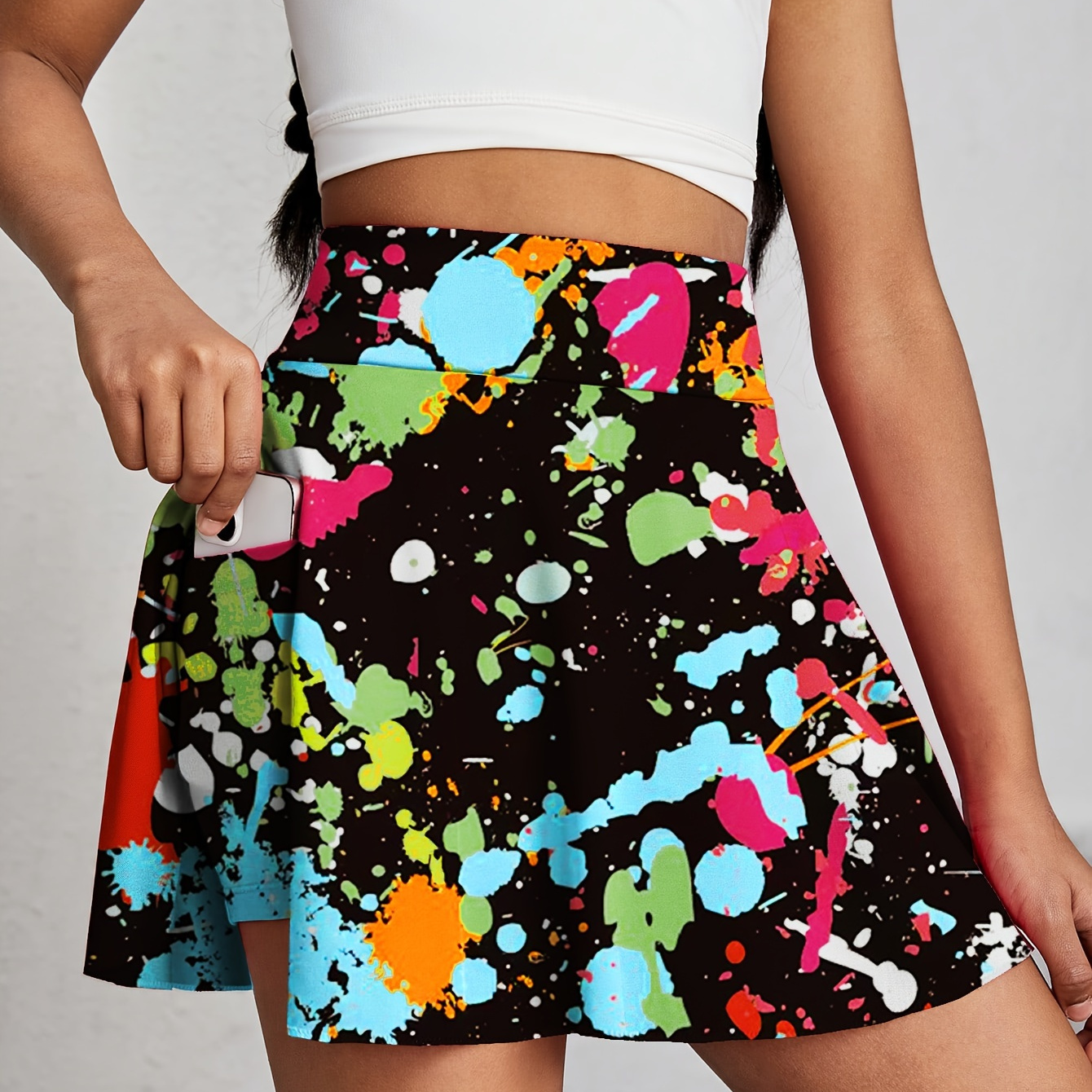 

Girls Stretchy & Creative Allover Splashed Paint Skorts With Side Pockets For Exercise