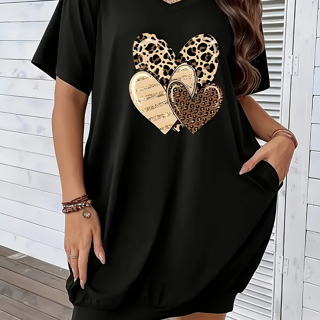 

Women's Plus Size V-neck Tunic Dress, Casual Polyester Knit Fabric With Leopard Heart Print, Spring/summer Collection, High Stretch With Pockets