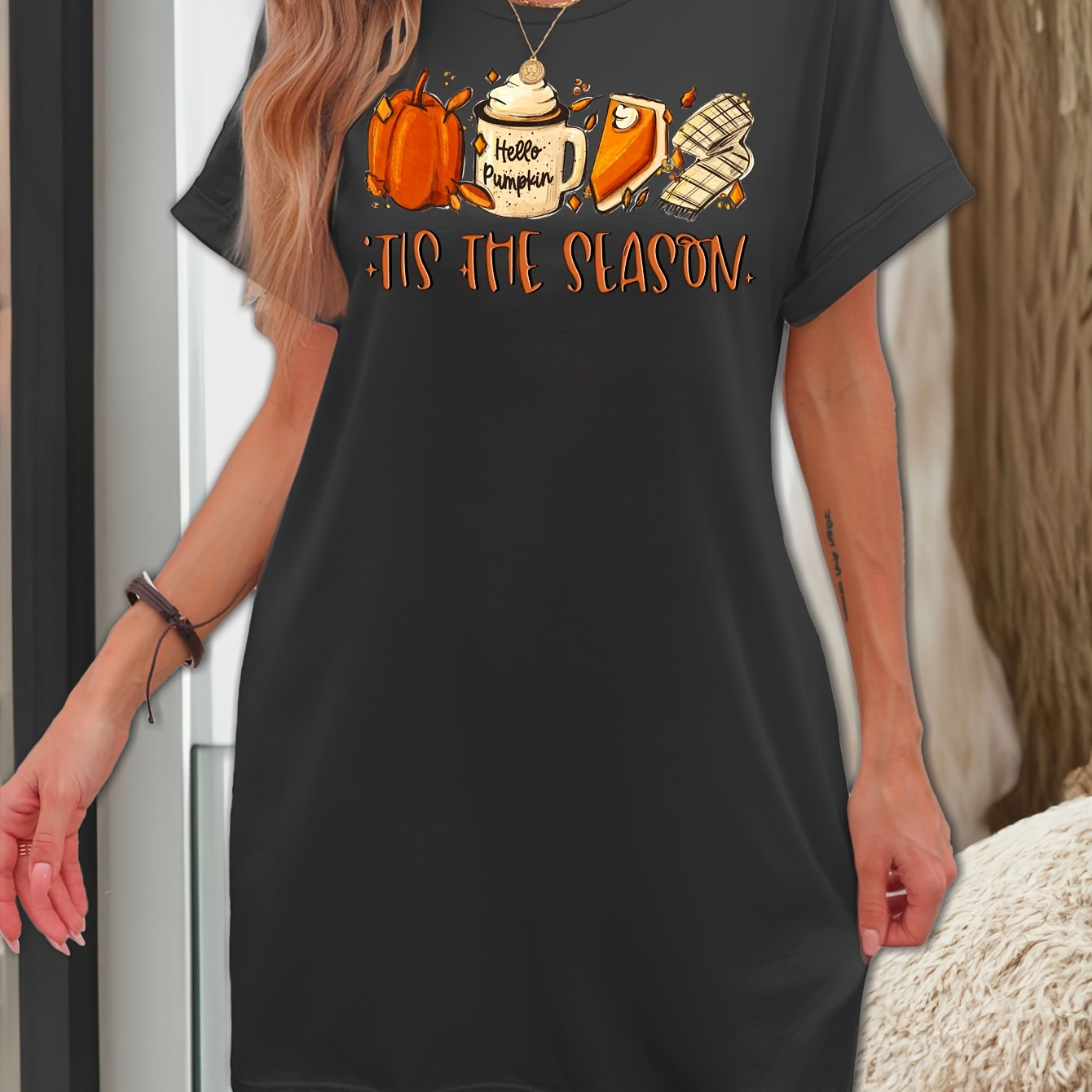 

Casual Pumpkin & Slogan Print Lounge Dress For Thanksgiving Day, Batwing Sleeve Loose Fit Tee Dress With Pockets, Women's Loungewear