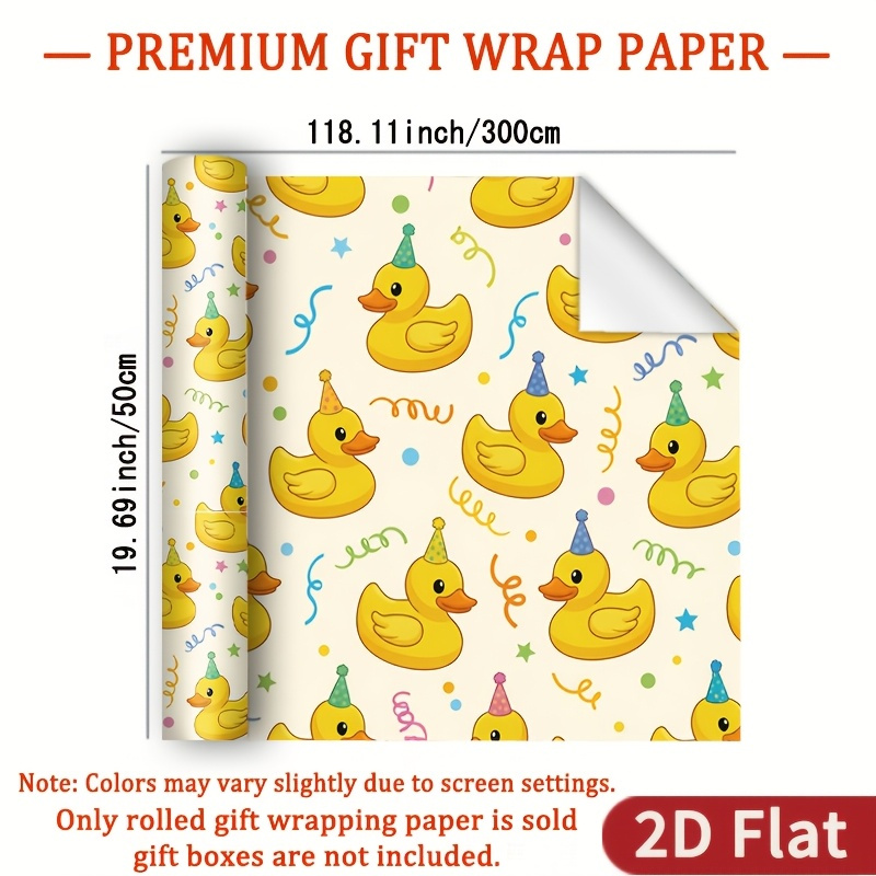 TEMU 1 Roll 2d Flat 's Yellow Duck Illustration Wrapping Paper Gift Glossy Wrapping Paper - Light Yellow Background Cartoon Hand-drawn Duck Wearing