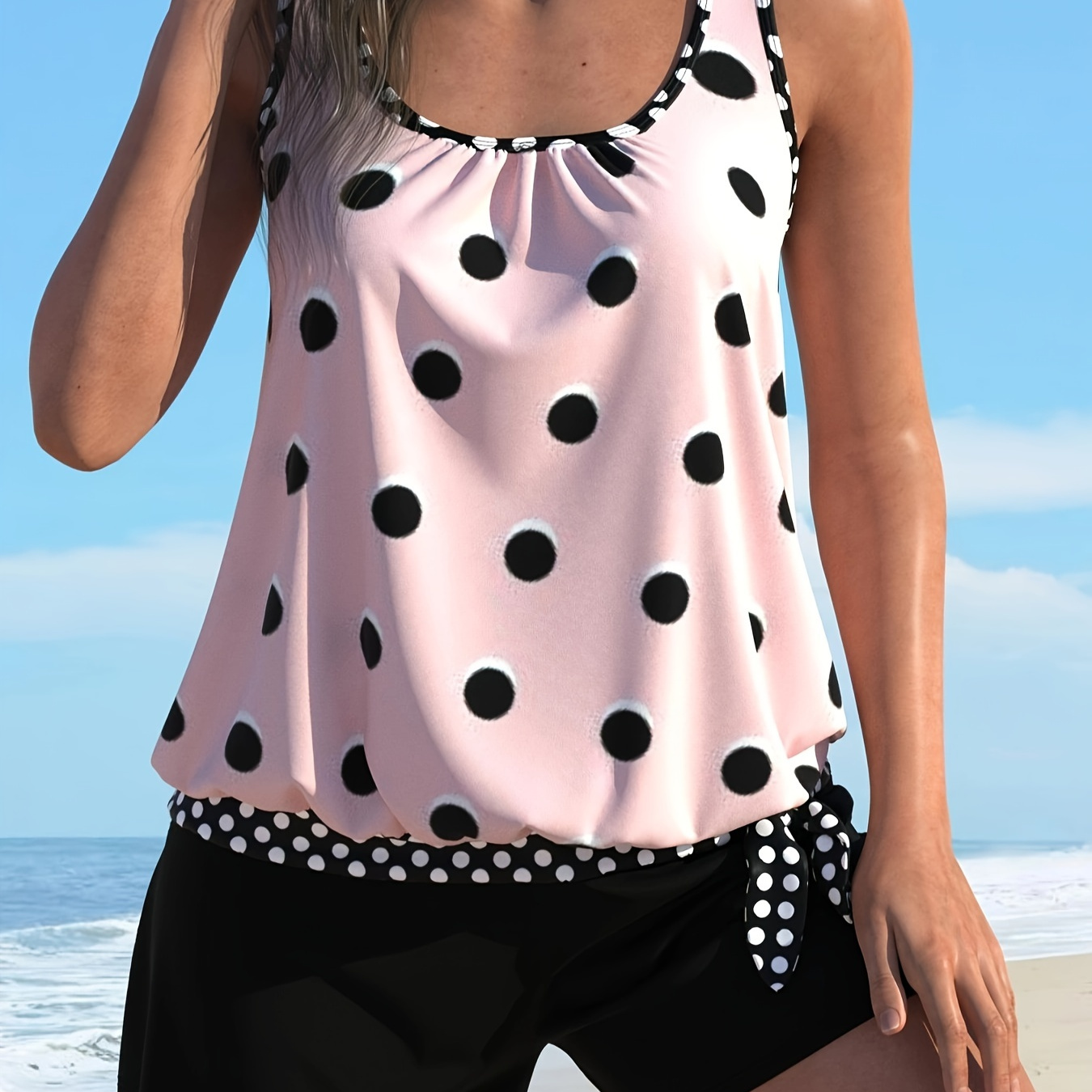 

Women's Polka Dot Tankini Swim Top & Shorts 2 Piece Set, Pinkish & Black, Beachwear, Sleeveless, Casual Summer Swimming Outfit