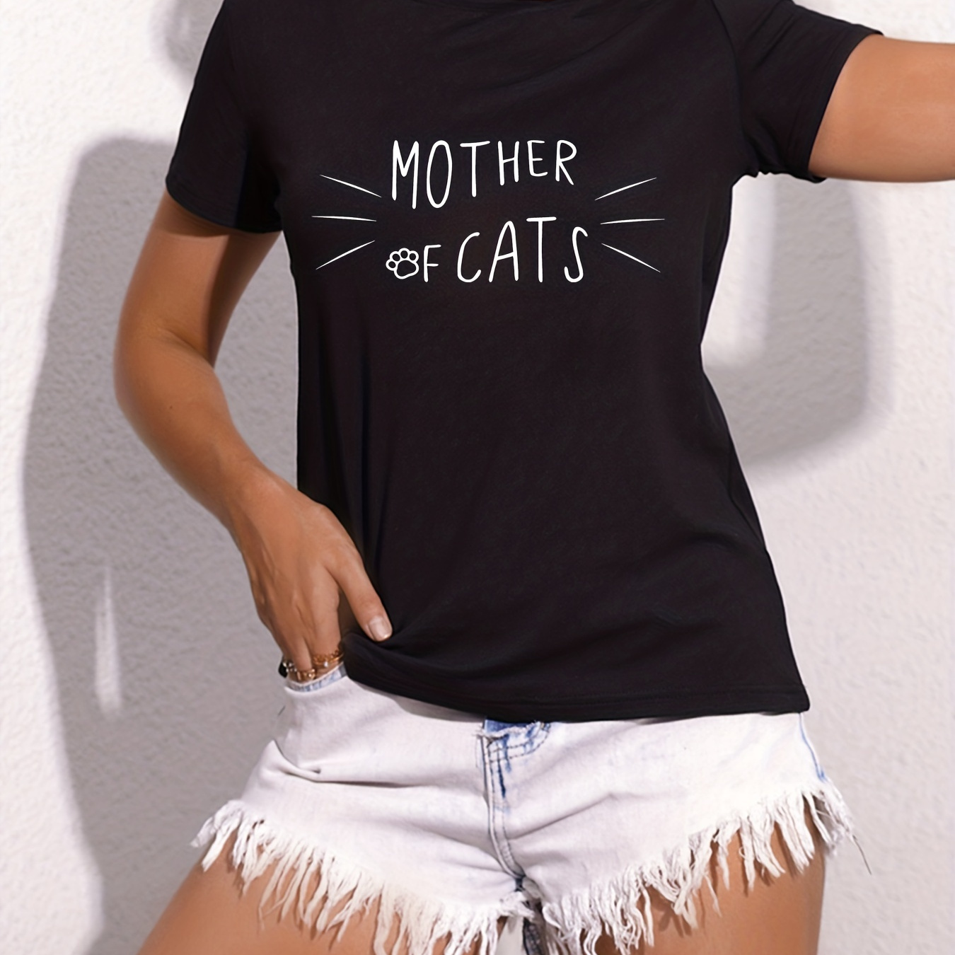 

Cat Mother Print Crew Neck T-shirt, Casual Short Sleeve Summer Top, Women's Clothing