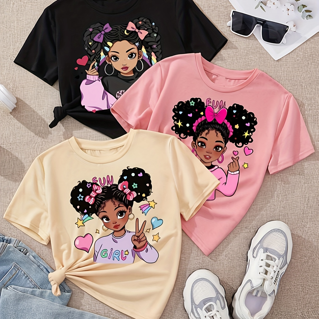 

Girls 3pcs/set Cute Cartoon Girl Graphic Print Short Sleeve Tees For Spring & Summer