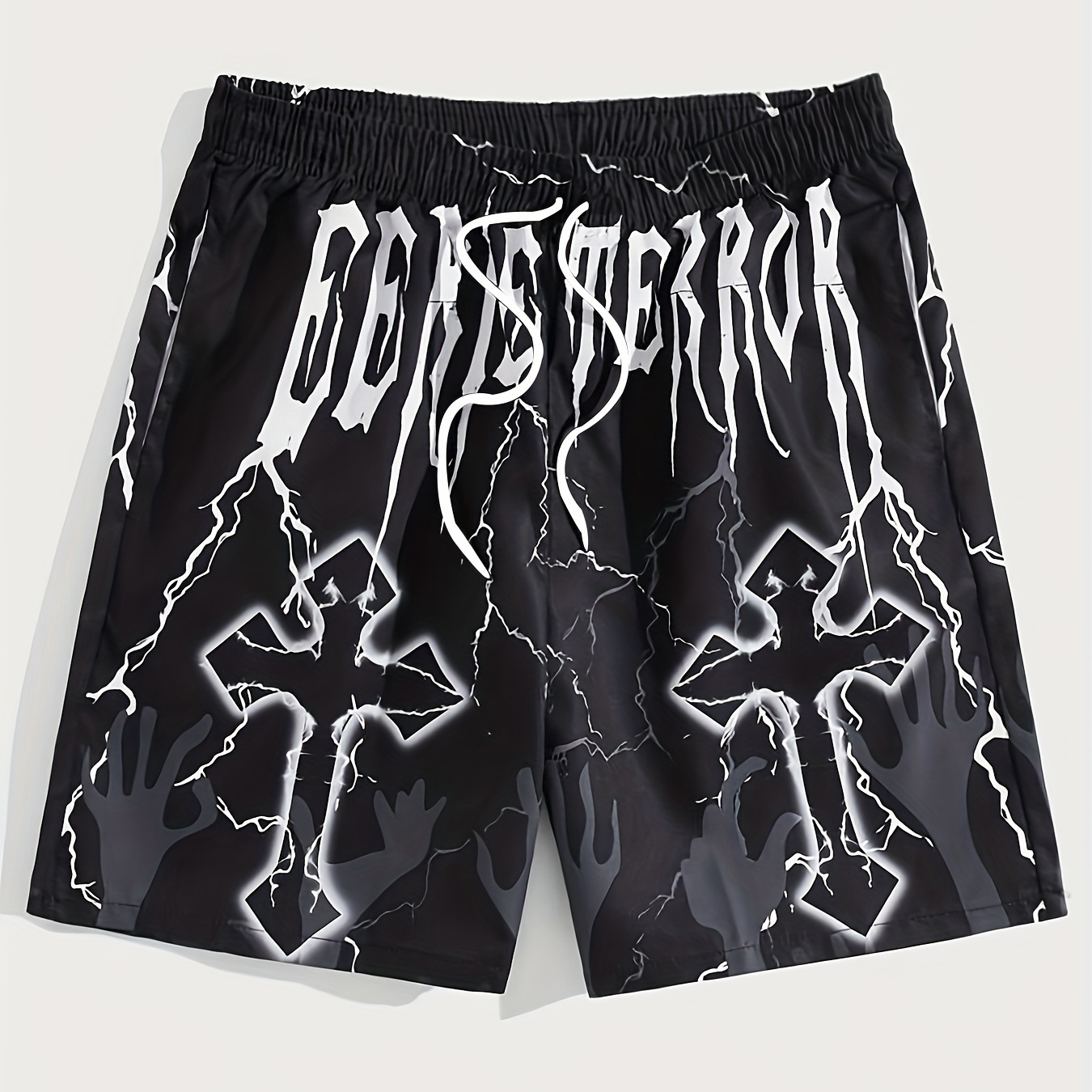 

Letter And Cross Print Fashionable Men's Summer Drawstring Casual Sports Loose Shorts, Suitable For Outdoor Sports, Comfortable And Versatile