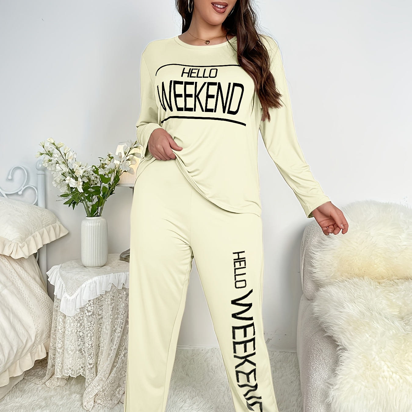 

Ensemble de pyjama élégant à manches longues avec imprimé de lettres, mélange polyester élasthanne, col rond, légèrement extensible, pull, vêtements pour femmes adultes.