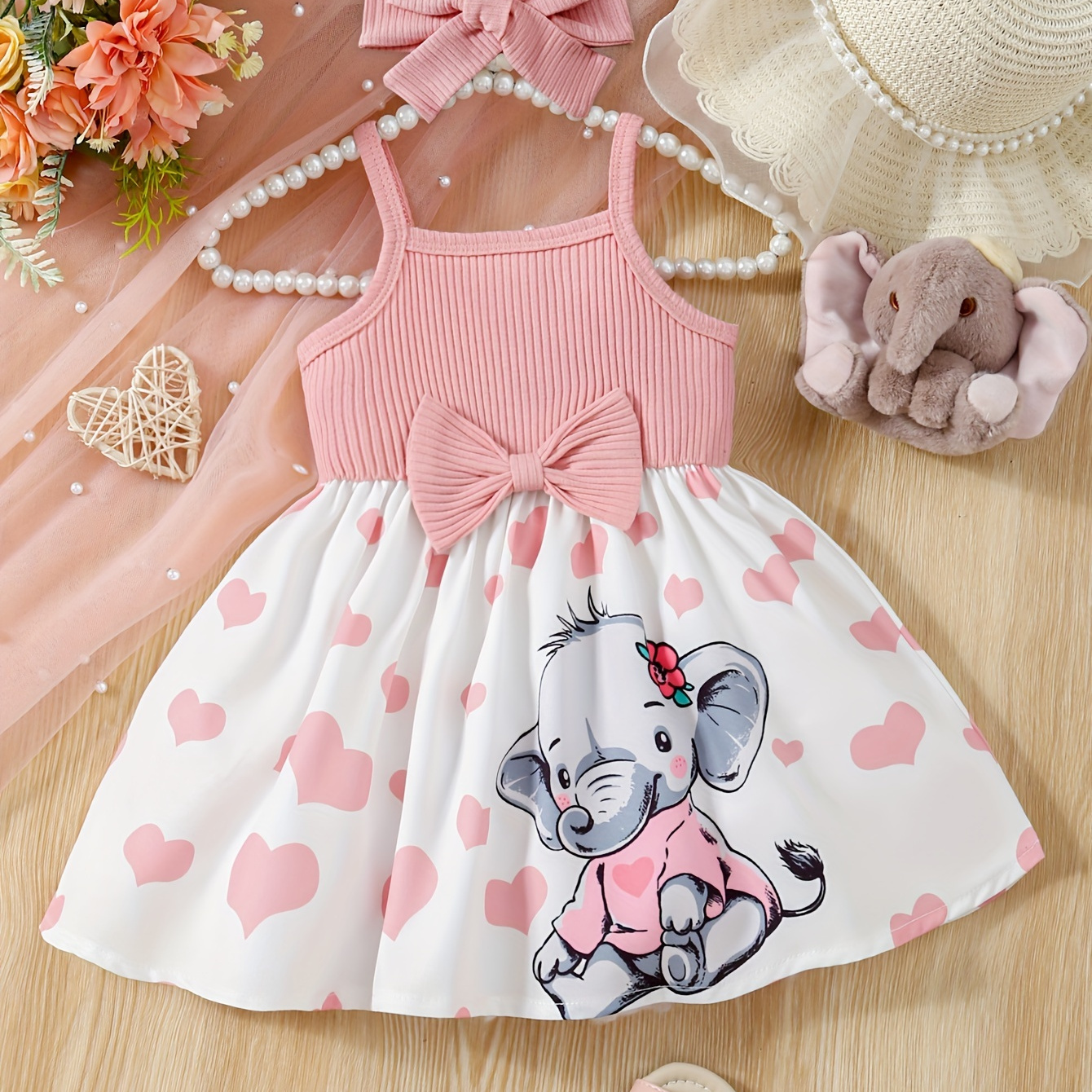 

Baby's Cartoon Heart Pattern Cami Dress Set, Lovely Bowknot Decor Sleeveless Dress & Headband, Infant & Toddler Girl's Clothing For Summer/spring, As Gift