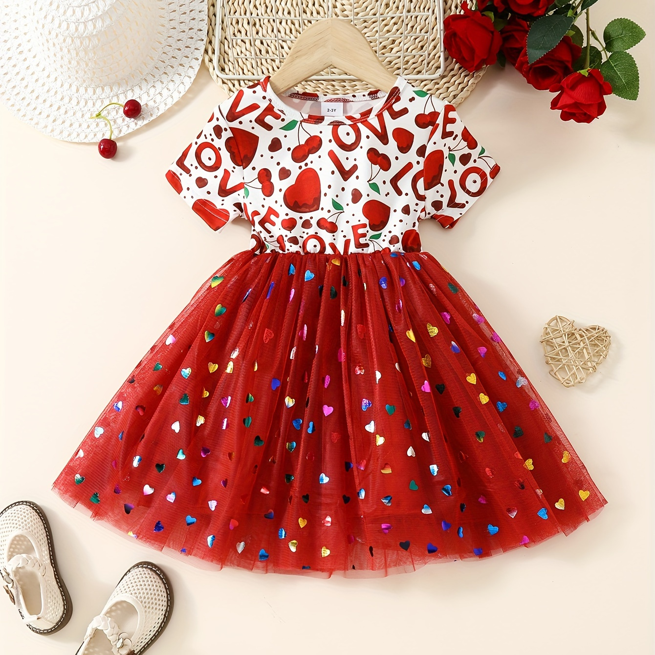 

Sweet Girls Dreamy Heart Sequin Tutu Dress Love Print Mesh Dress For Summer Valentine's Day