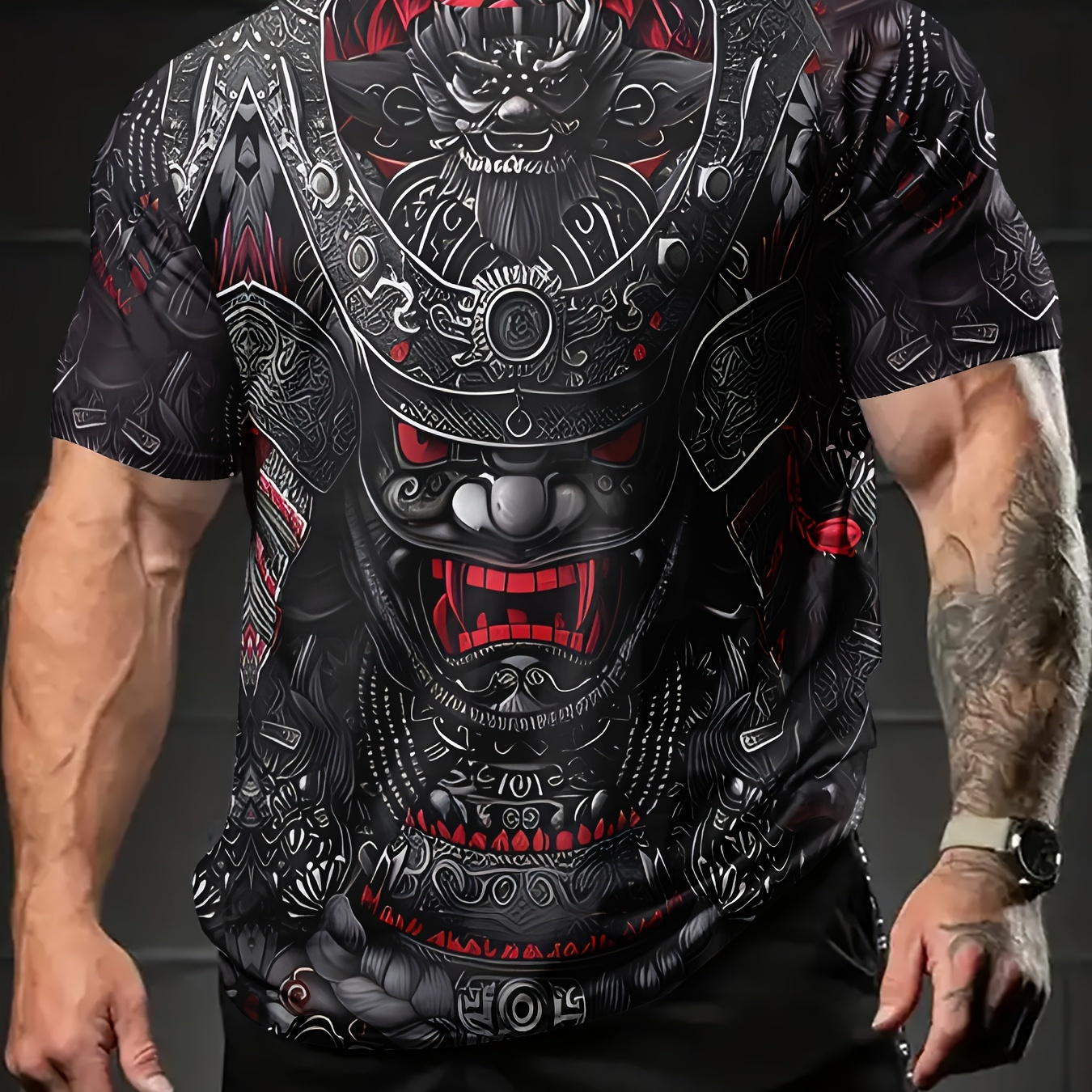 

Men's Summer Casual Graphic Tee - Intricate & , Short Sleeve, Round Neck, Polyester - Black With Red Accents, Machine Washable