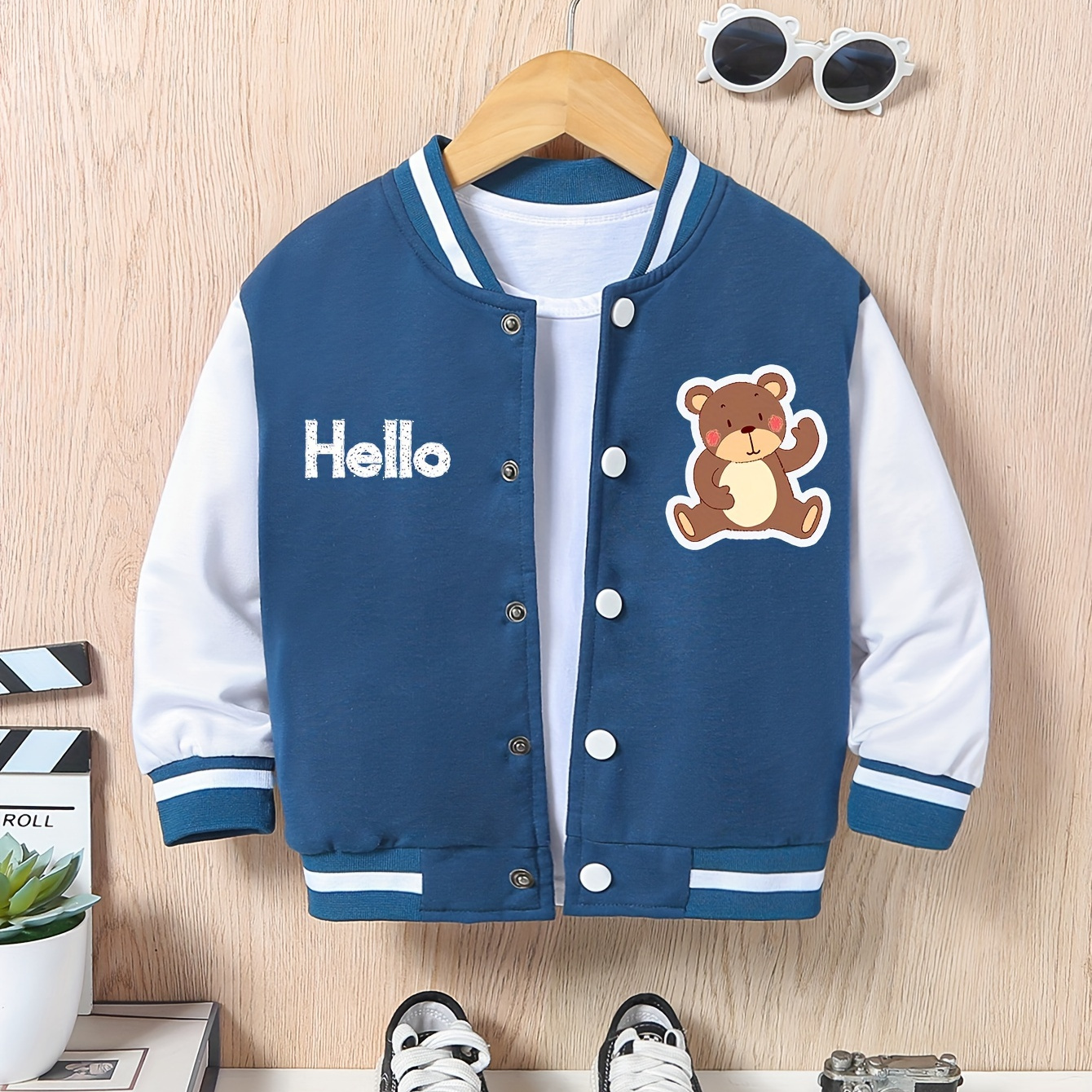 Bear Hello Print Varsity Jacket For Kids Casual Bomber - Temu