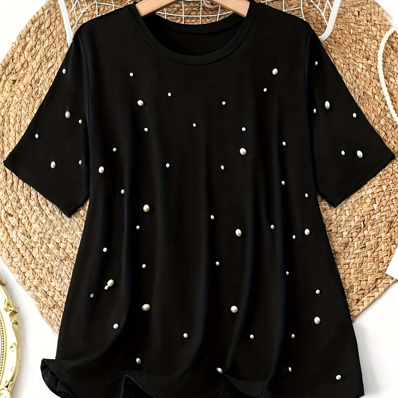 

[customer ] Elegant Beaded Short Sleeve T-shirt For Women - Chic , Stretchy Polyester , Non-see-through, Round Neck