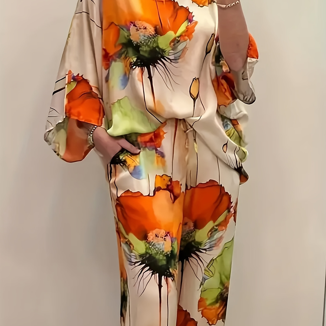 

Tenue Décontractée à Imprimé Floral Vibrant pour Femme - Haut à Col Rond et Pantalon , Ensemble Lavable en Machine en Mélange de Polyester, Idéal pour /Été/Automne, Pantalon à Imprimé Floral