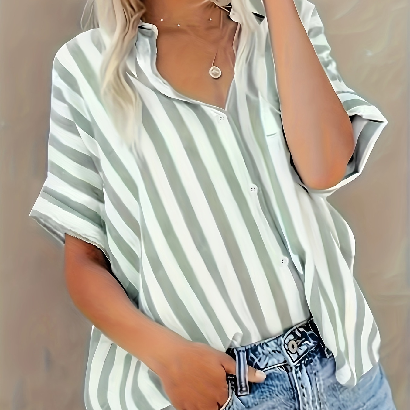 

Plus Size Striped Print Blouse, Casual Short Sleeve Buttons Blouse For Spring, Women's Plus Size clothing