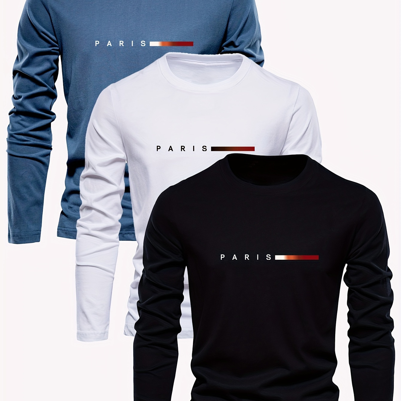 

Men's 3-pack 100% Cotton Long Sleeve T-shirts With Paris Applique, Casual Crew Neck Knit Tops, Breathable Daily & Weekend Casual Letter Print Tees For Spring/fall