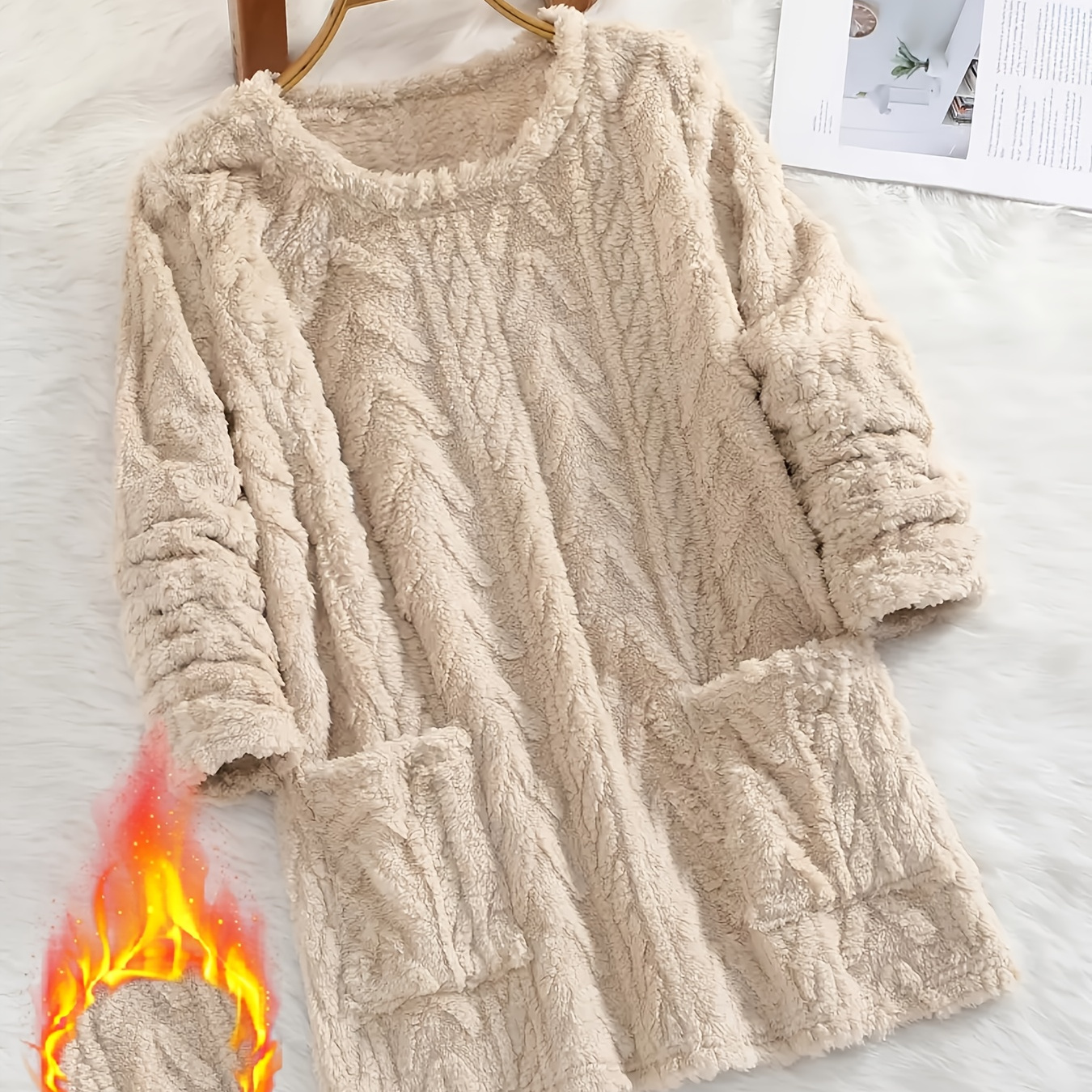 

1pc Women's Cozy Teddy Fleece Sweater - Long Sleeve, Crew Neck With Pockets, Casual Polyester Knit Fabric, Solid Color,