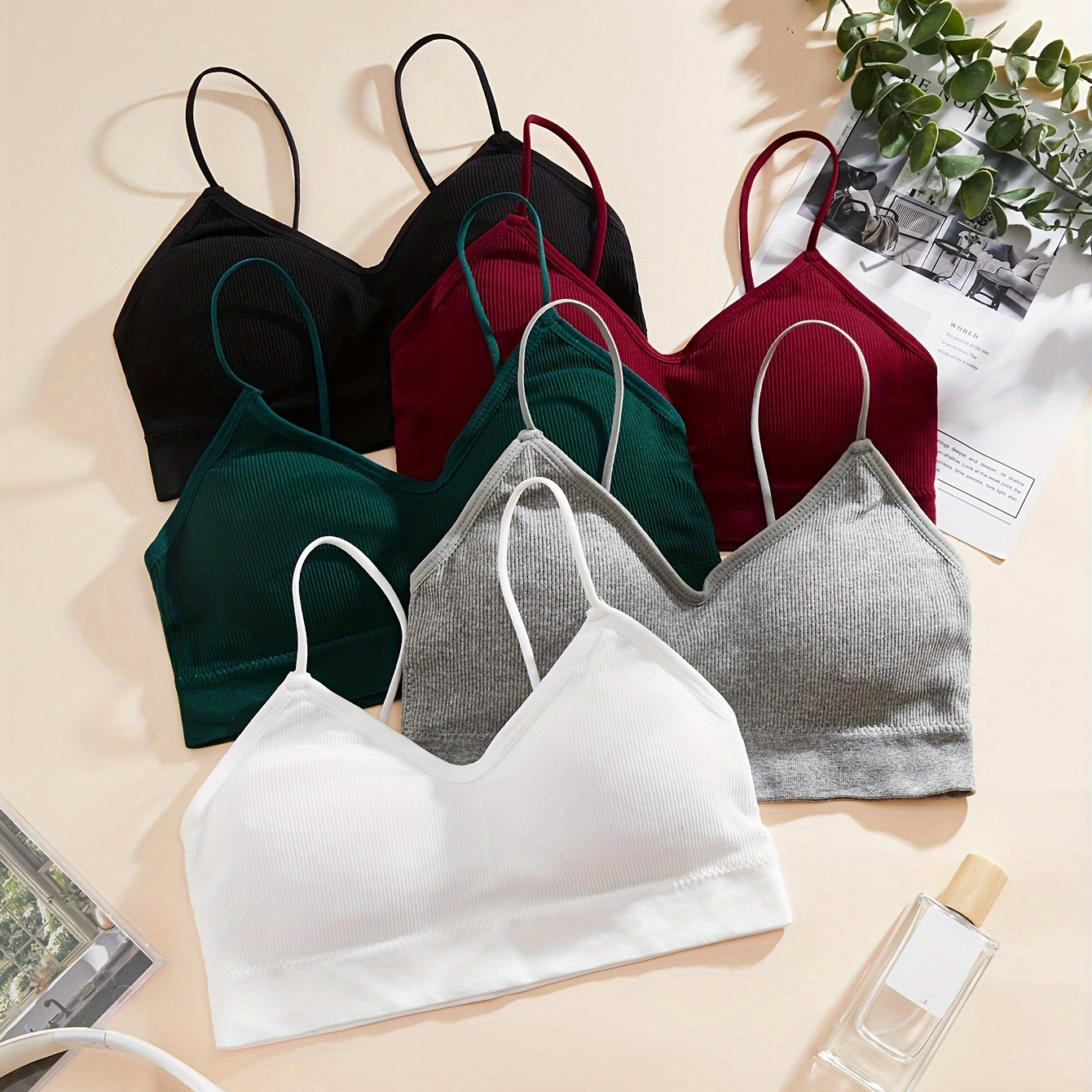 

5 Pcs Solid Ribbed Wireless Sports Bra, Comfy & Breathable Running Workout Tank Bralette, women's Lingerie & Underwear