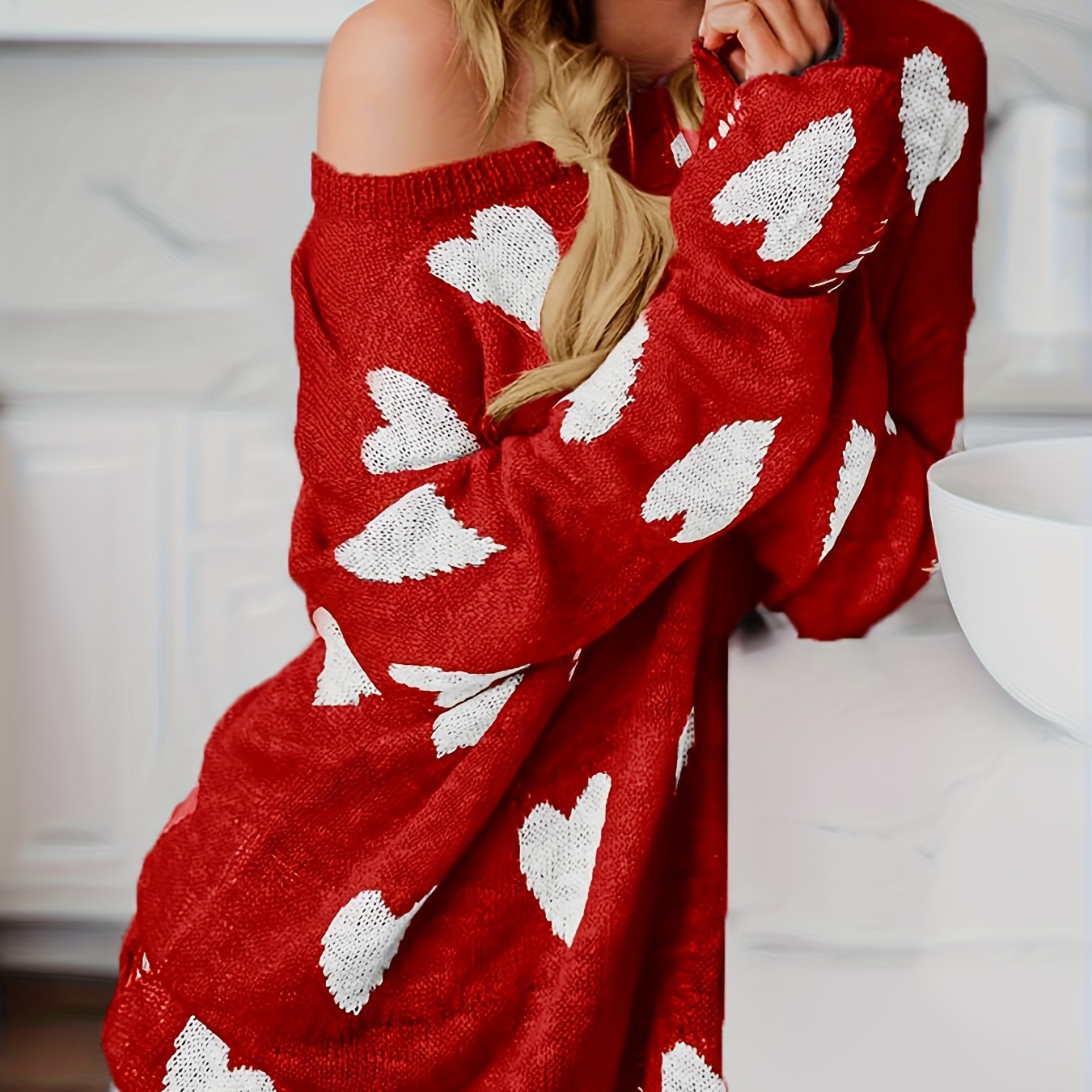 

Women Off Shoulder Knitted Pullovers Sweater Loose Long Sleeve Hearts Printed Ripped Tops