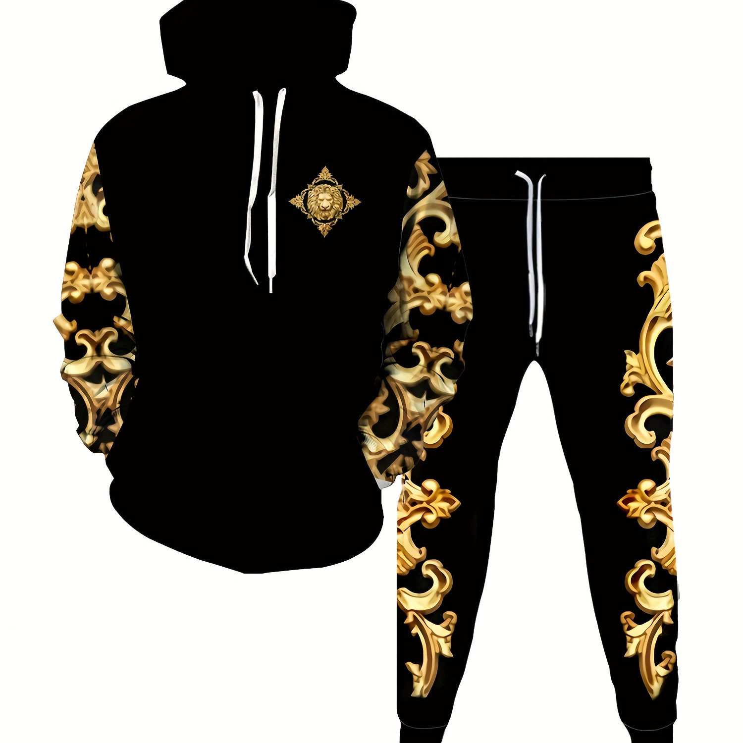 Plus Size Men's Golden Floral Print Hooded Sweatshirt & Sweatpants Set For Autumn/winter, Men's Clothing