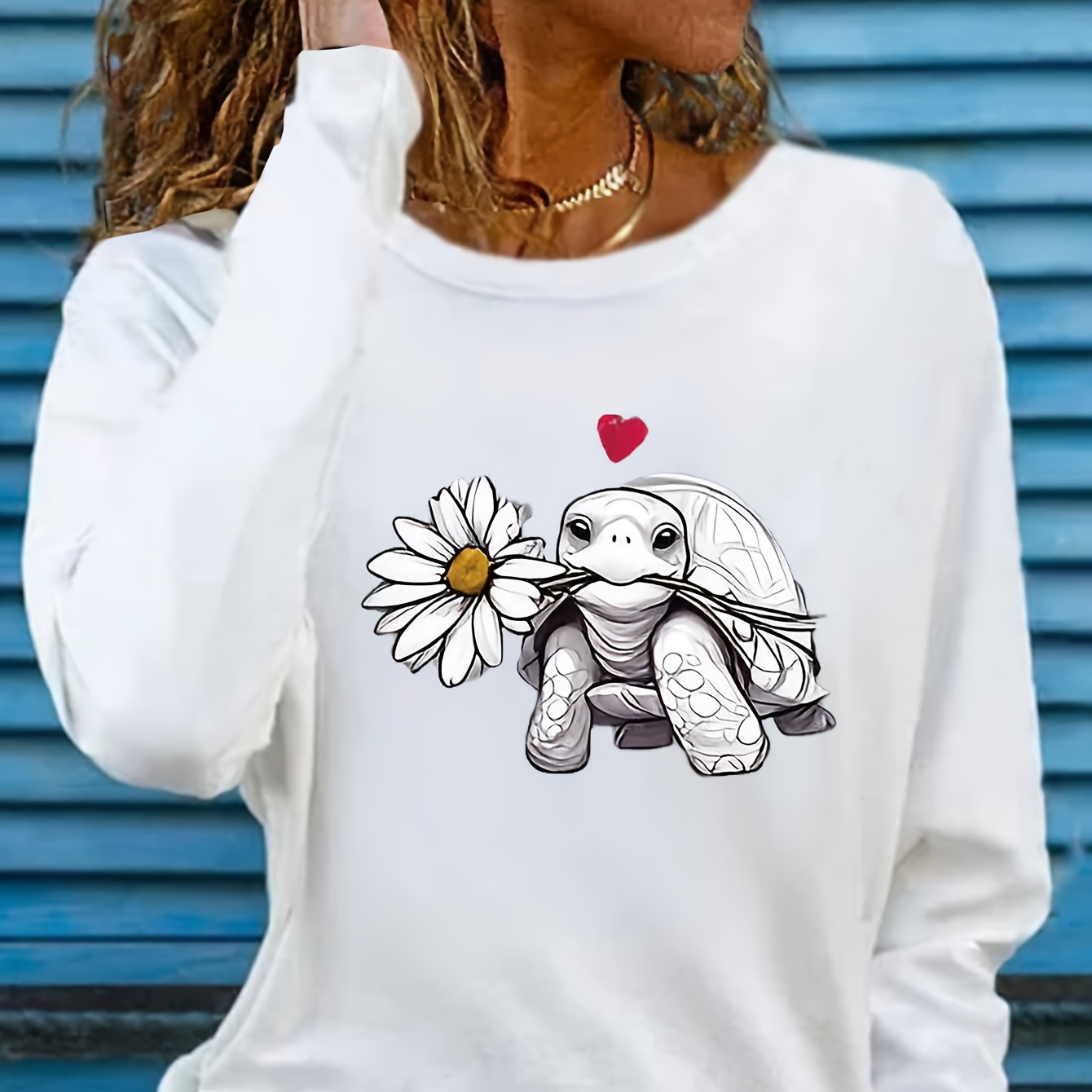 

T-shirt imprimé tortue, haut décontracté à manches longues et col rond pour et , vêtements pour femmes