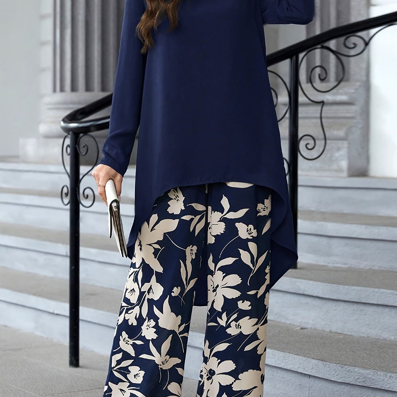 

Vacation Style Elegant Pantsuits, Crew Neck Long Sleeve Dipped Hem Top & Wide Leg Pants Outfits, Women's Clothing