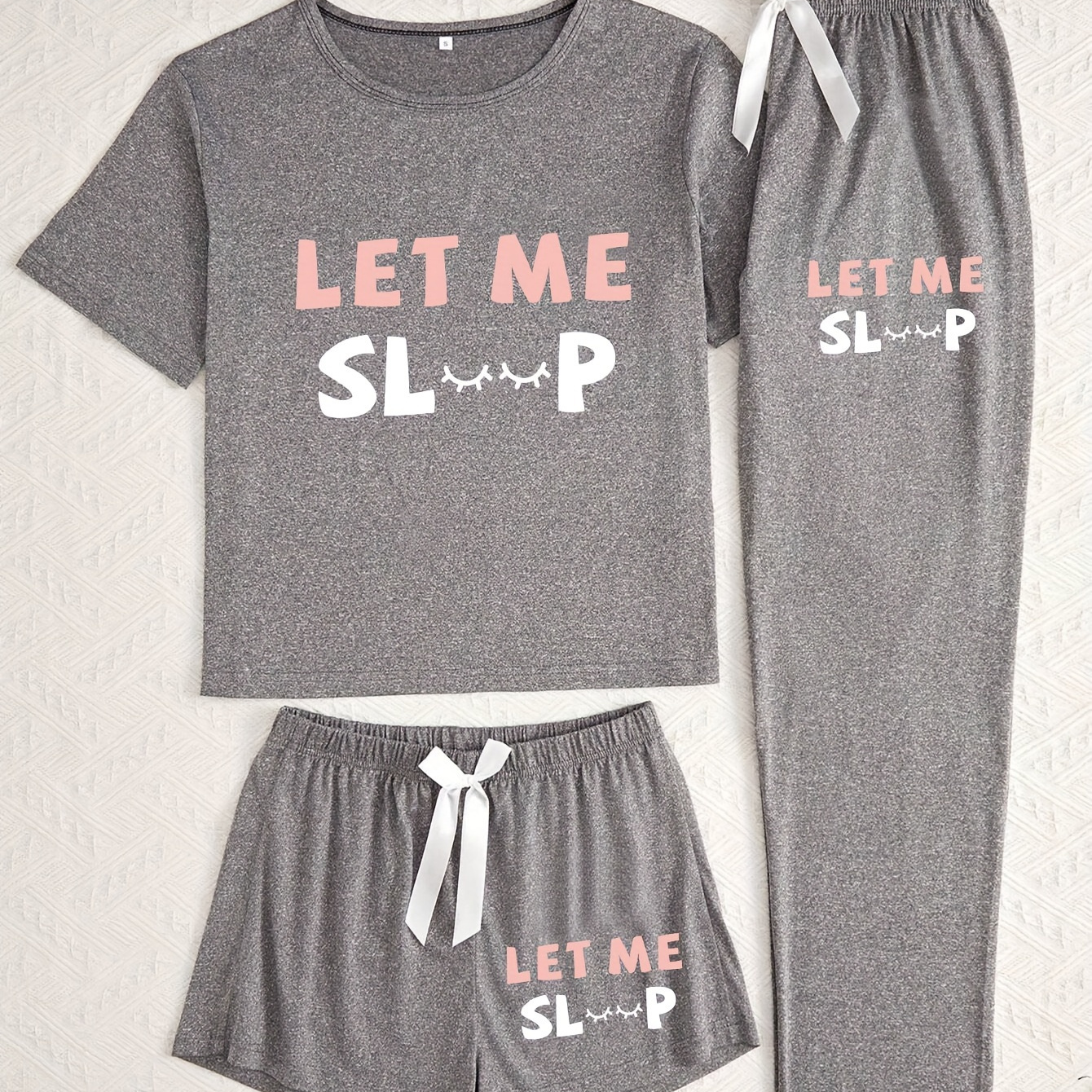 

3pcs Women's Pajama Set, Knit Polyester Sleepwear, With Alphabet Print, Crew Neck, Bow Detail, For All Season Loungewear