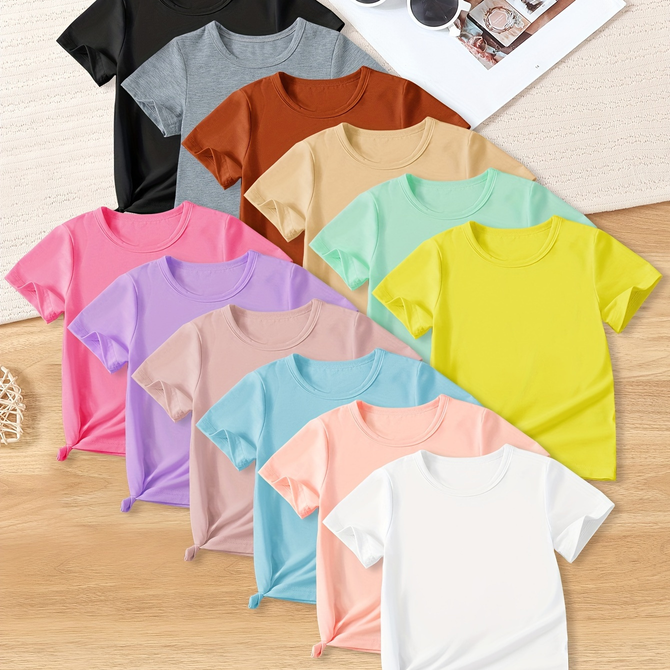 

Girls 12pcs/set Casual & Comfy Solid Colored Tees For Summer, Girls Versatile Clothes