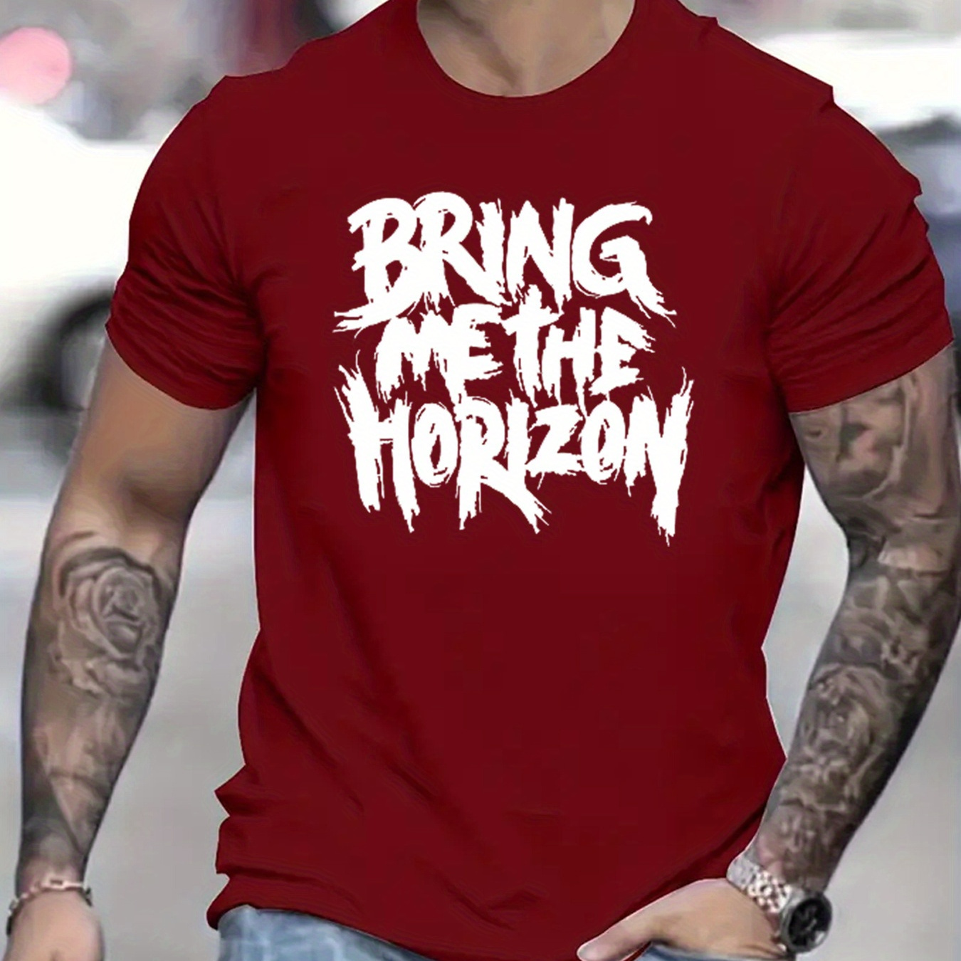

Horizon Print Tee Shirt, Tees For Men, Casual Short Sleeve T-shirt For Summer