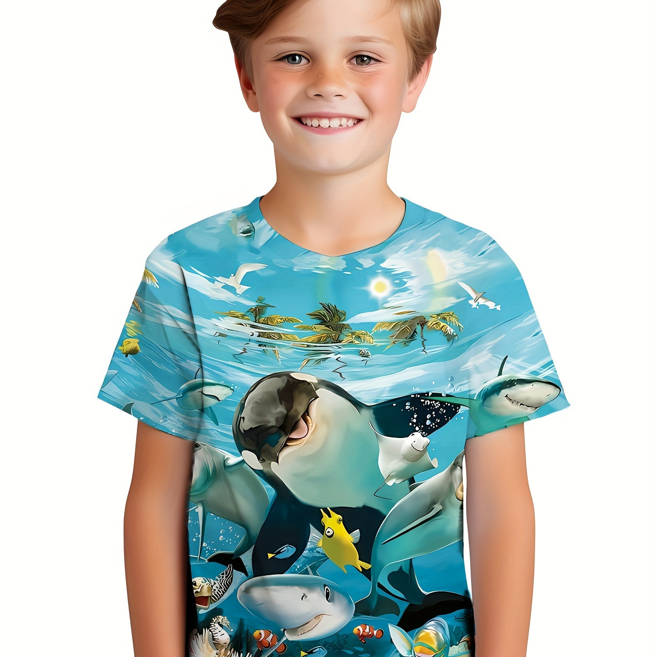 

Stylish Marine Animals 3d Print Boys Creative T-shirt, Casual Lightweight Comfy Short Sleeve Tee Tops, Boys Clothes For Summer