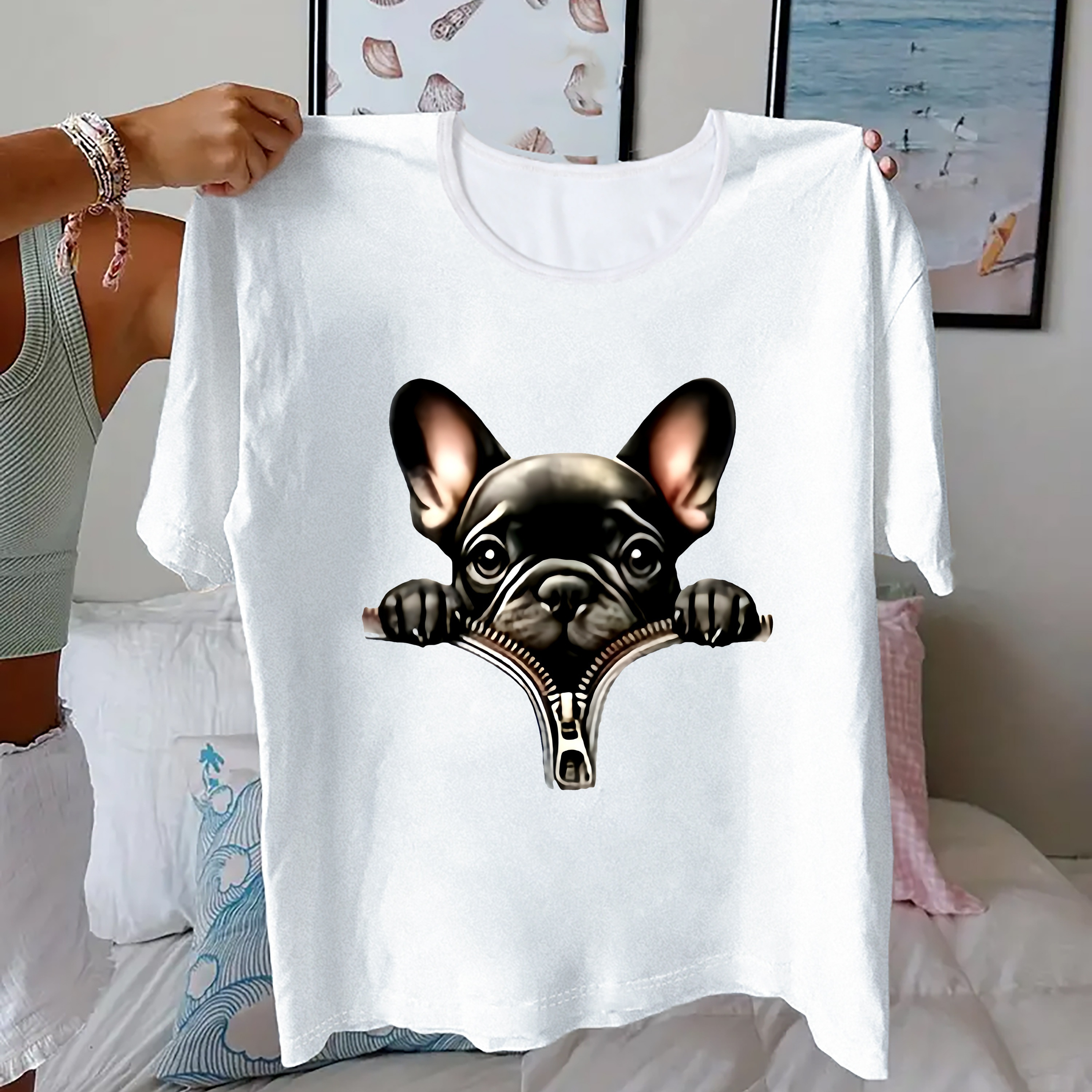 

T-shirt avec impression de chien éclair, manche courte et col rond, tissu polyester et élasthanne, motif géométrique, tricot, pour toutes les saisons