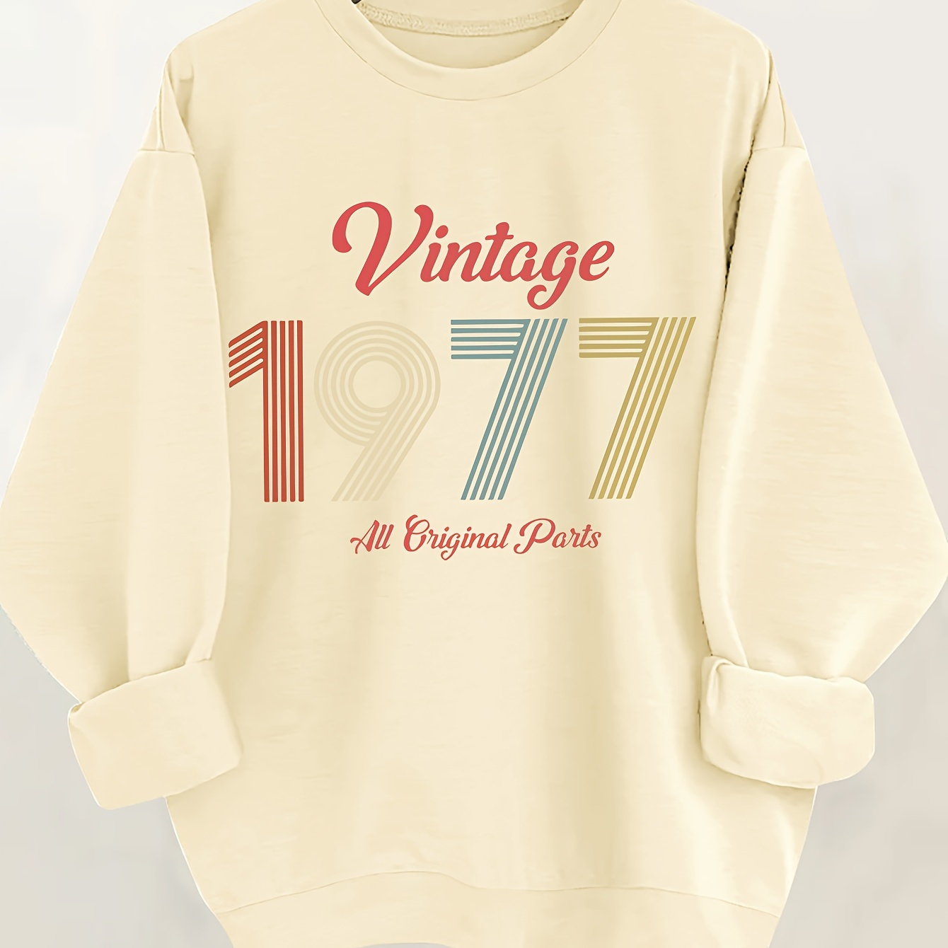 

Vintage 1977 Graphic Crew Neck Sweatshirt For Women, Casual Polyester Knit Pullover With Stretch, Fall/winter Collection - Adult Casual Printed Sweater