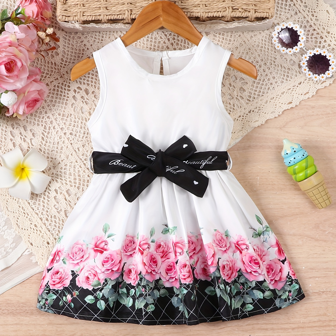 

Infant & Toddler's Casual Floral Pattern Dress, Belt Decor Sleeveless Dress, Baby Girl's Clothing For Summer