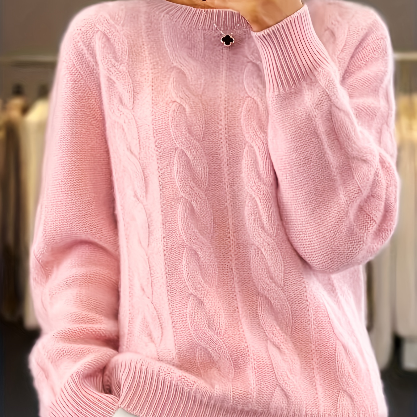 

Women's Elegant Pink Cable Knit Sweater - Soft Polyester , Round Neck, Long Sleeve Pullover For Casual Or Dressy , Casual Wear Sweater|round Neck Top| Knit