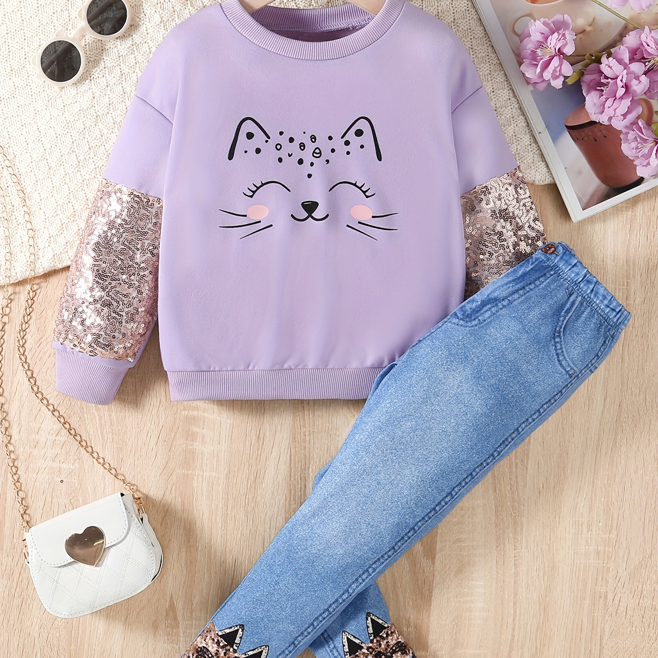 

Girls 2pcs/set Stylish Outfit, Long Sleeve Sequin Decor Spliced Cat Print Sweatshirt & Imitation Denim Print Trousers For Fall & Winter