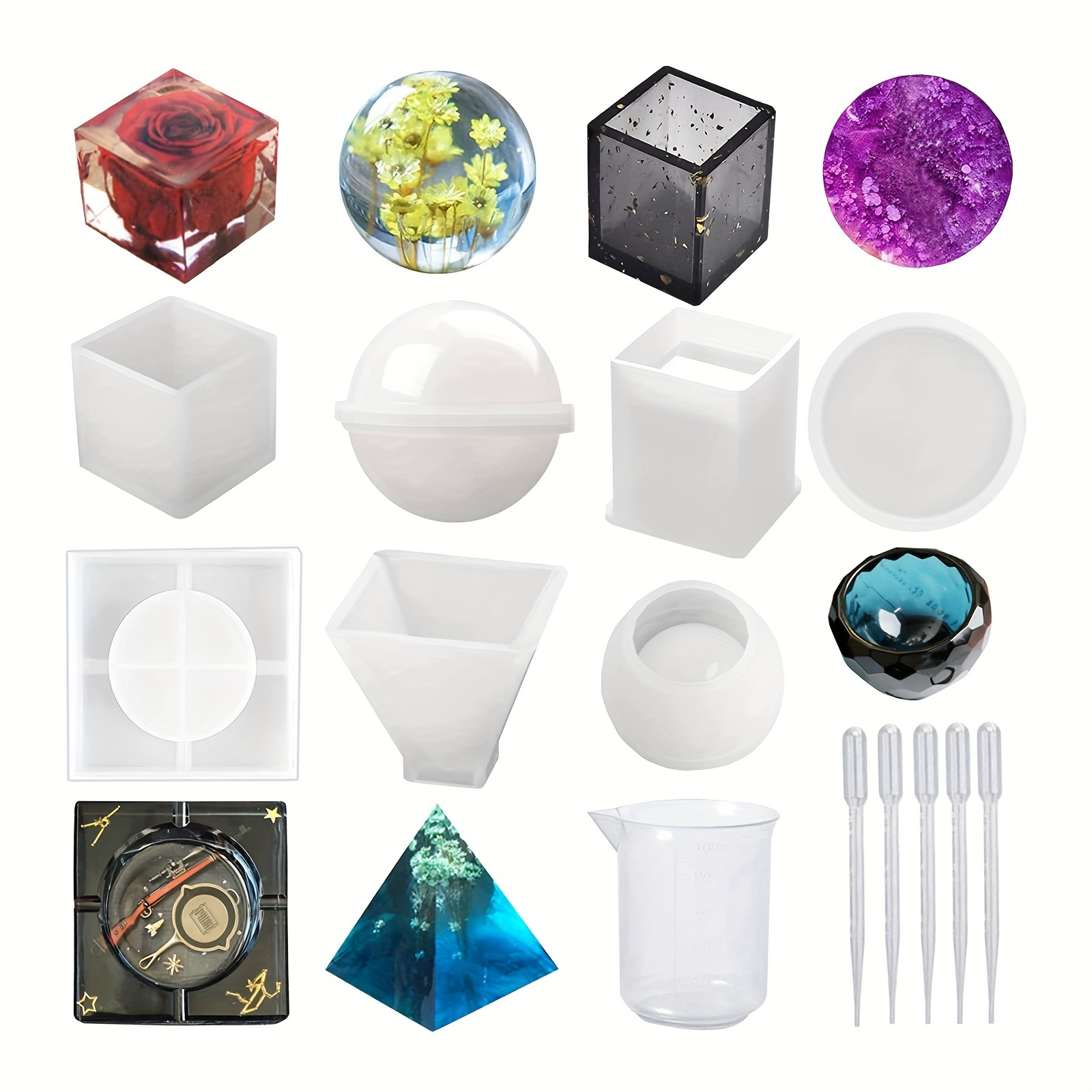 Moldes de resina de silicona, 5 moldes de fundición de resina, incluyendo  esfera, cubo, pirámide, cuadrado, redondo con 1 taza medidora y 5 pipetas  de