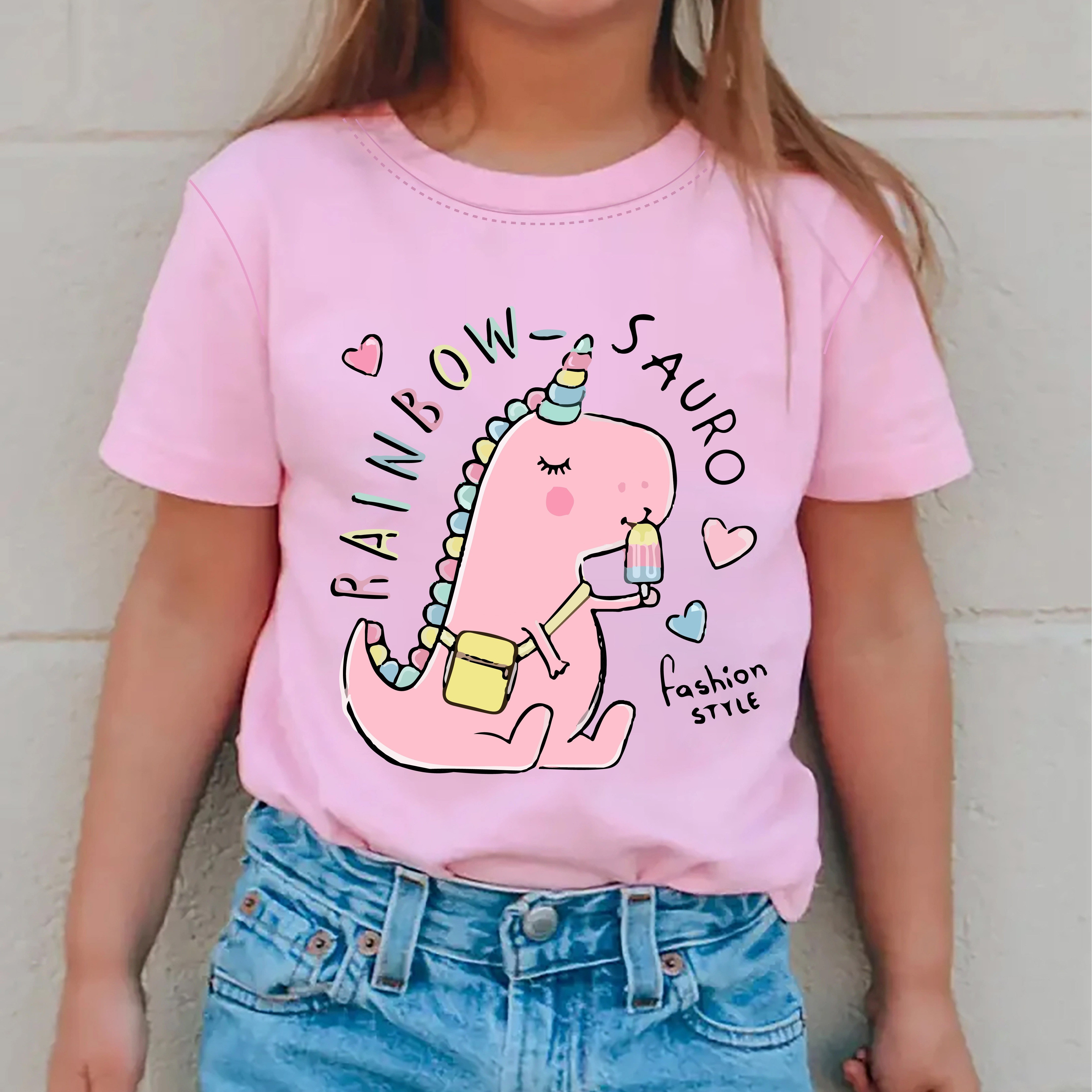 

Rainbow & Cartoon Dinosaur Graphic Print, Girls' Stylish & Comfy Crew Neck Short Sleeve T-shirt For Spring & Summer, Girls' Clothes For Everyday Life