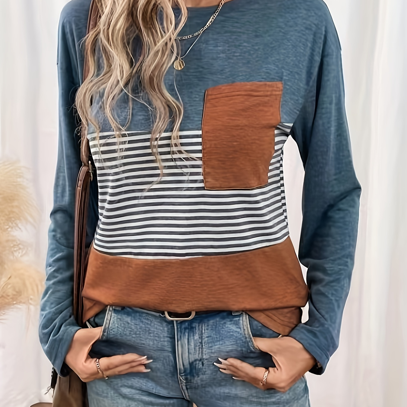 

Striped Print Crew Neck T-shirt, Color Block Patch Pocket Long Sleeve T-shirt For Spring & Fall, Women's Clothing