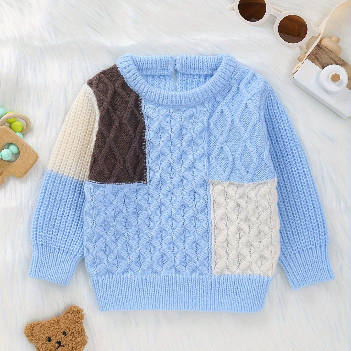 

Color Clash Jacquard Sweater For Toddlers, Comfy Cable Knit Long Sleeve Top, Baby Boy's Clothing, As Gift