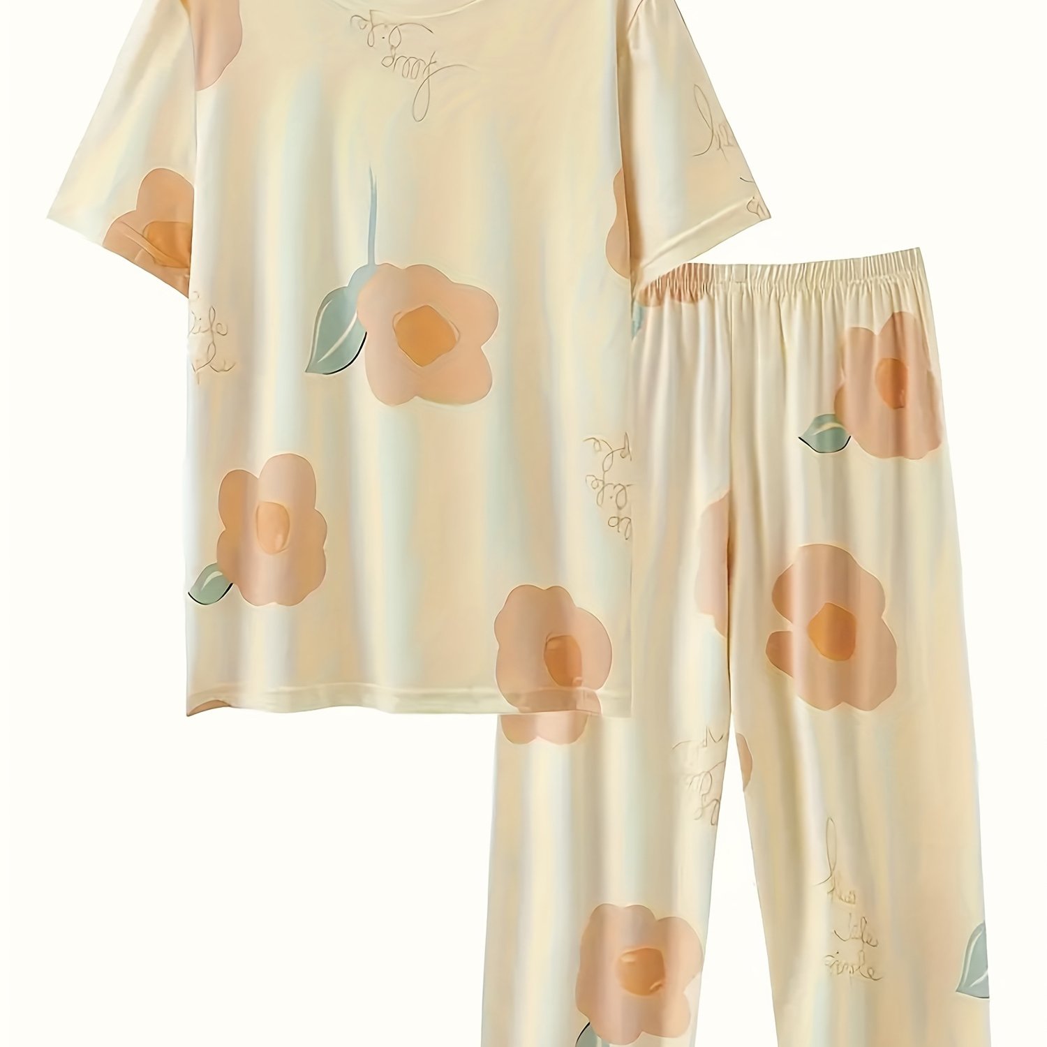 

Floral & Letter Print Pajama Set, Short Sleeve Round Neck T-shirt & Capri Pants, Women's Sleepwear