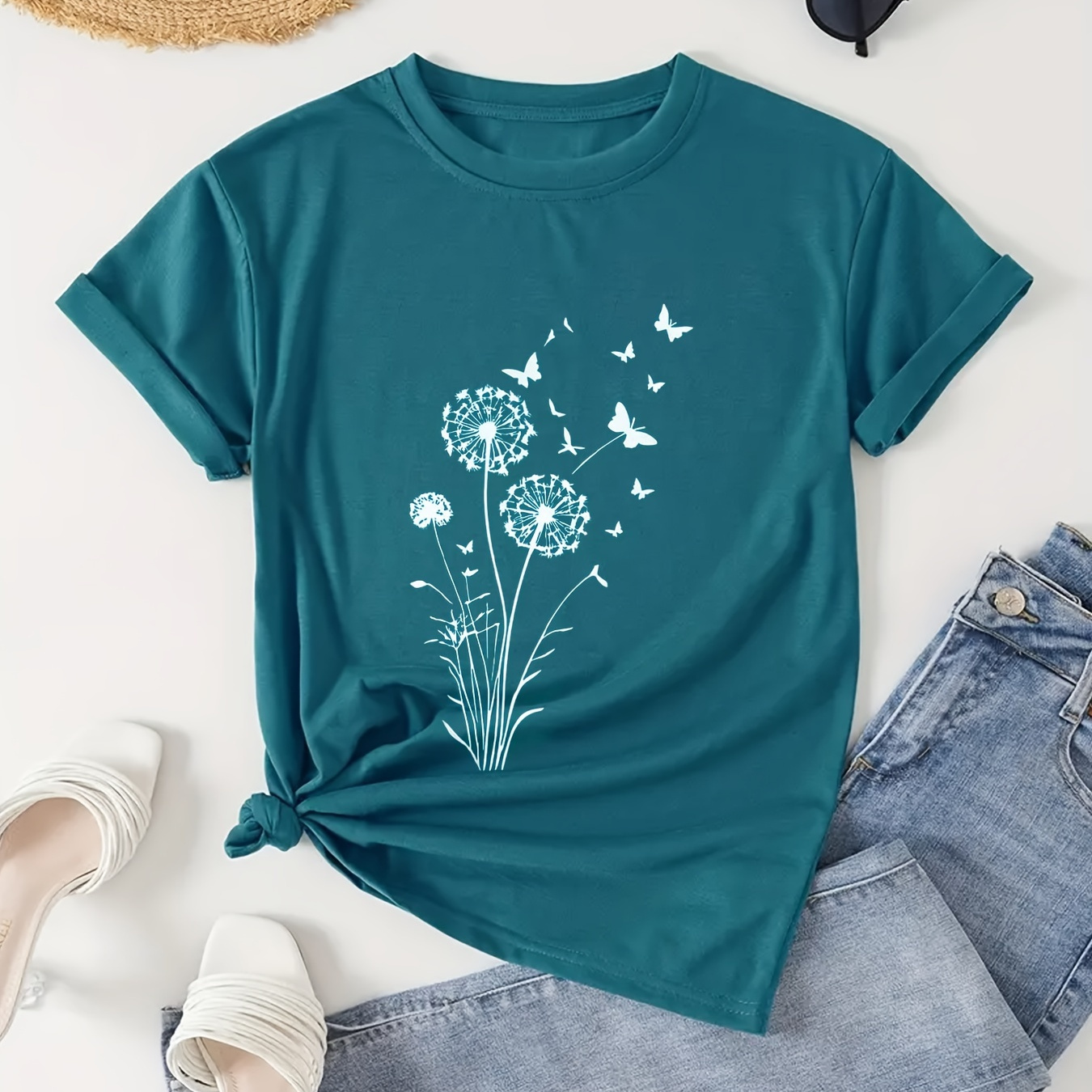 

T-shirt à col rond imprimé pissenlit, T-shirt décontracté à manches courtes pour le printemps et l'été, Vêtements pour femmes