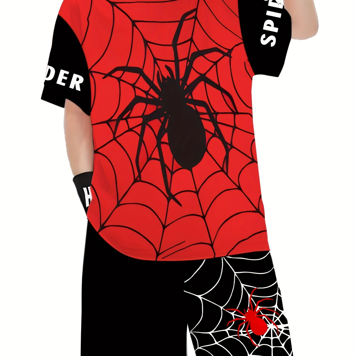 TEMU 2pcs Boys Spider And Web Print Street Style Versatile Short Sleeve T-shirt & Shorts Set, Cool, Lightweight And Comfy Summer Clothes