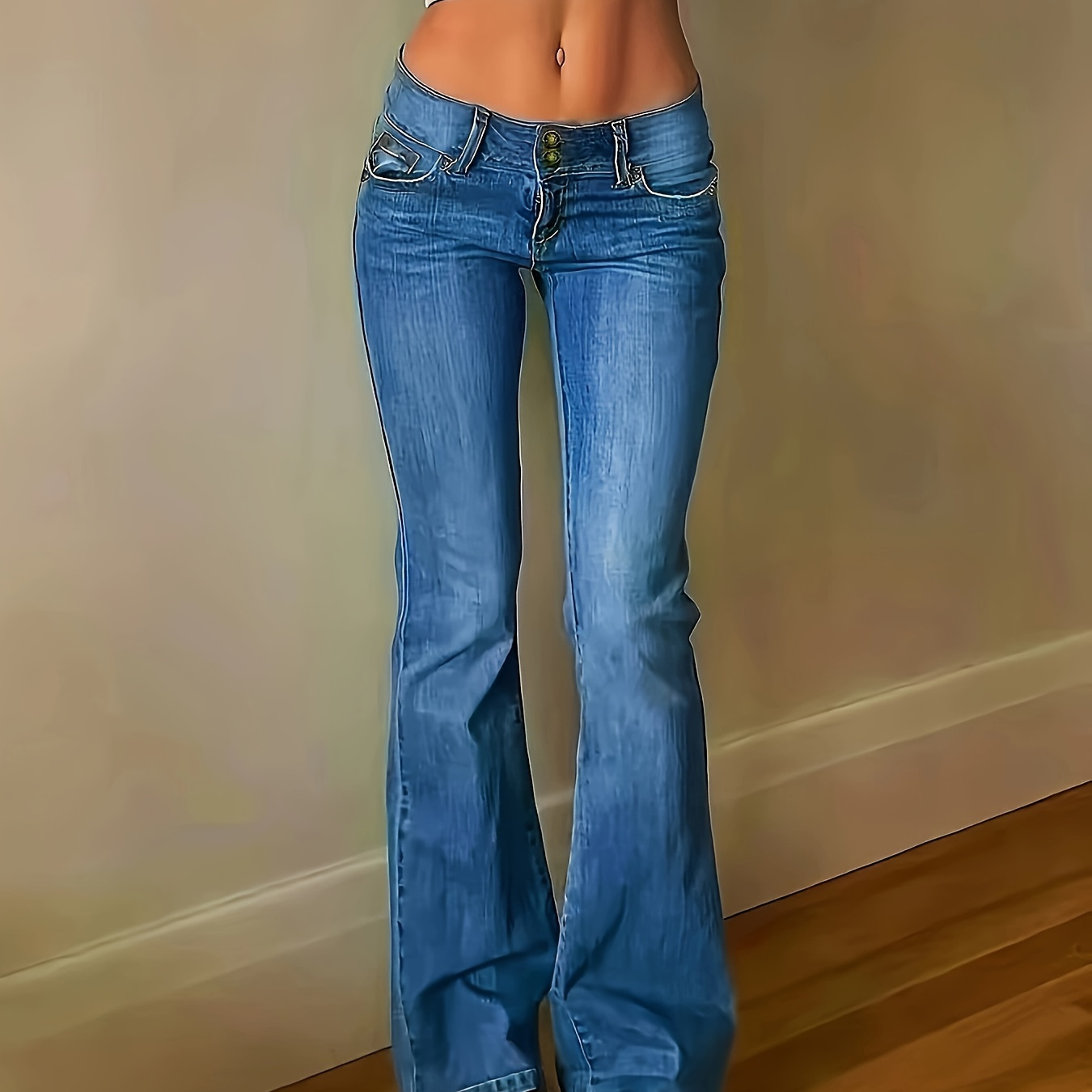 

Double Buttons Flare Leg Stretchy Retro Plain Washed Blue Casual Style Denim Pants, Women's Denim Jeans & Clothing