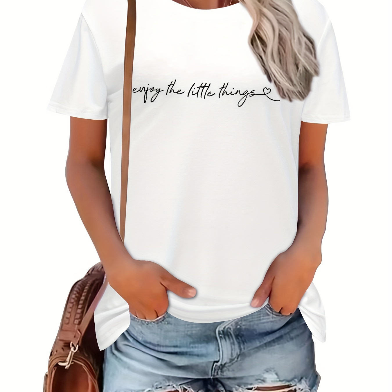 

Tee-shirt à col rond imprimé lettres, haut décontracté à manches courtes pour le printemps et l'automne, vêtements pour femmes