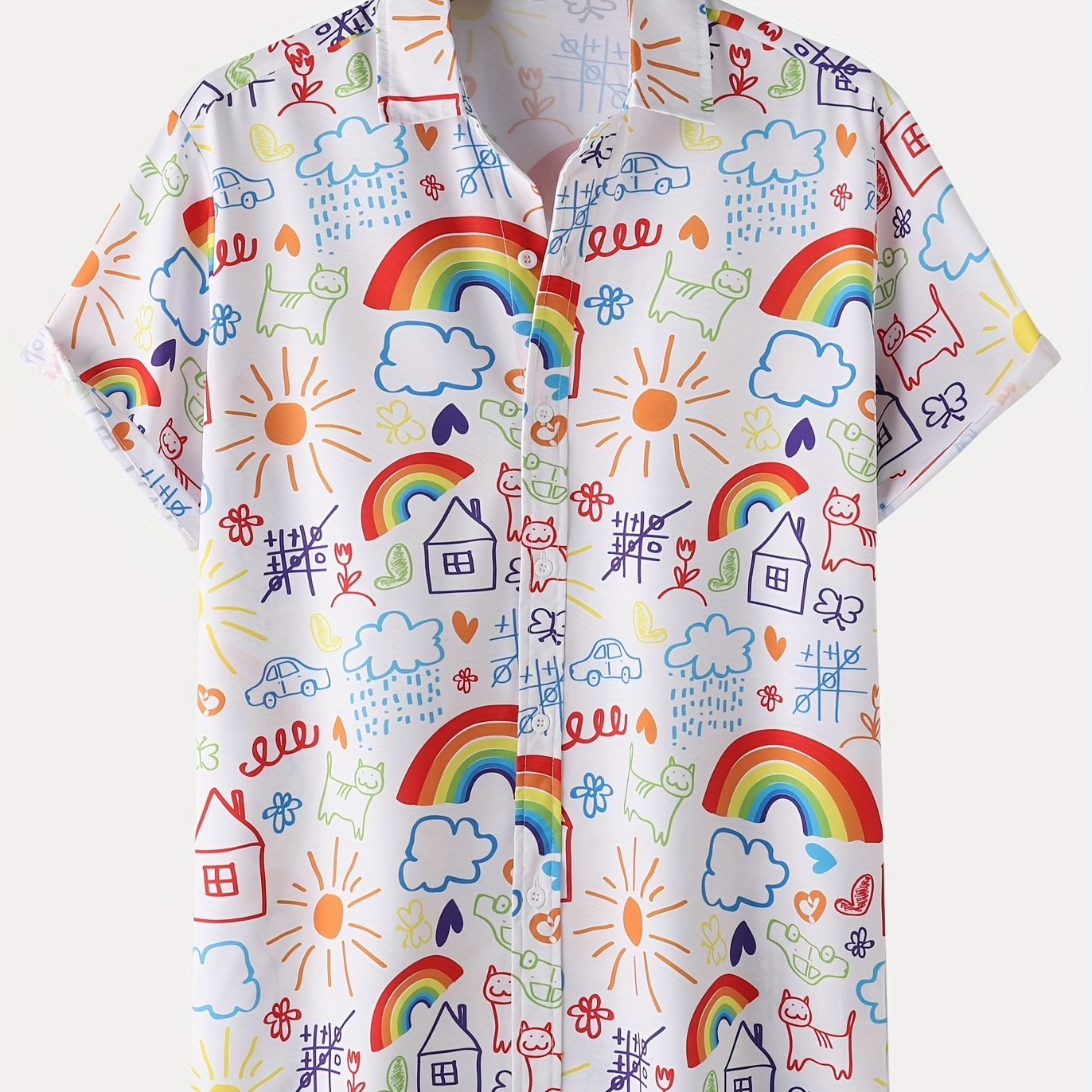 

Cartoon Animal Rainbow Pattern Men's Short Sleeve Button Down Lapel Shirt For Summer Resort Holiday, Hawaiian Style
