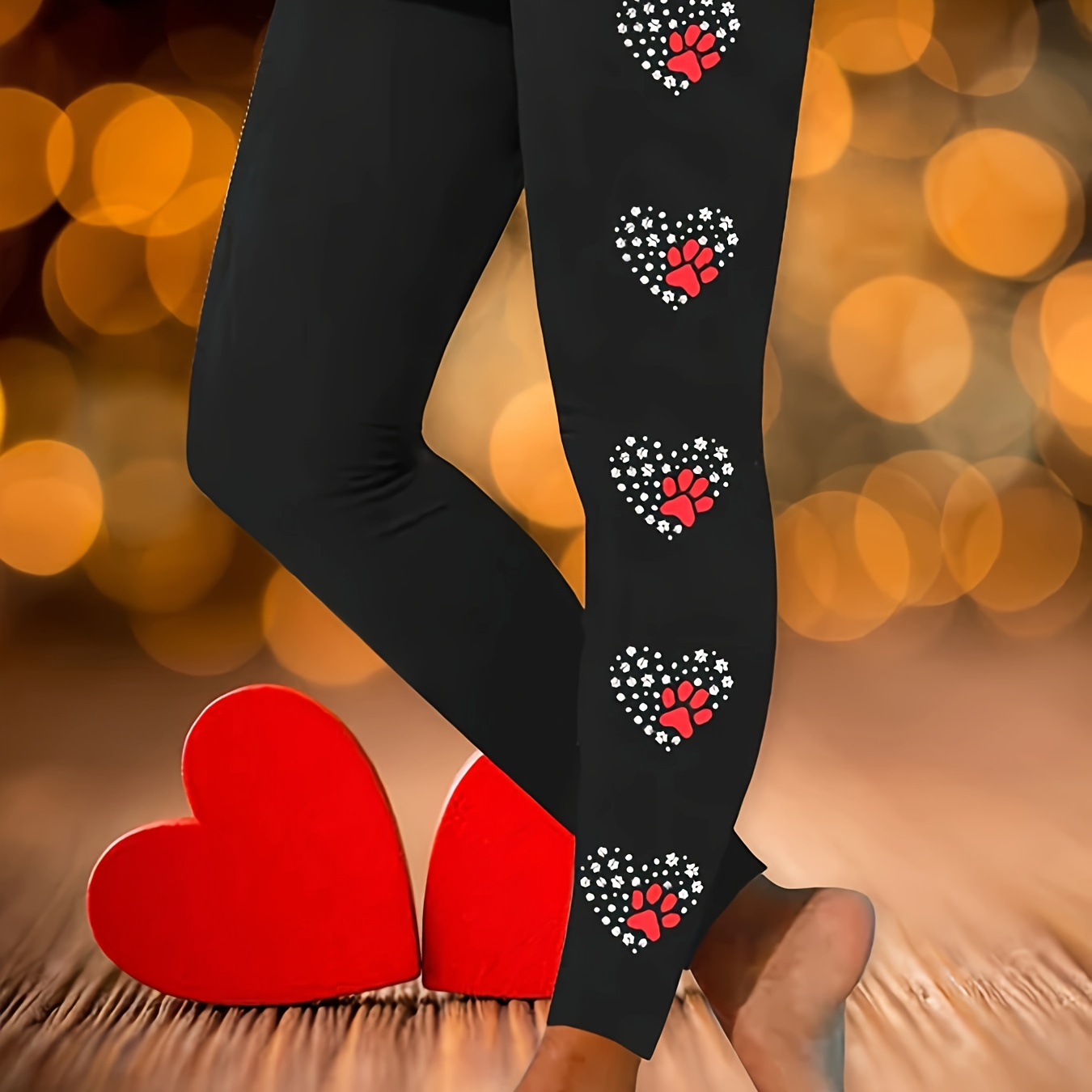 

Plus Size Heart Print Skinny Leggings, Casual Every Day Stretchy Leggings, Women's Plus Size clothing