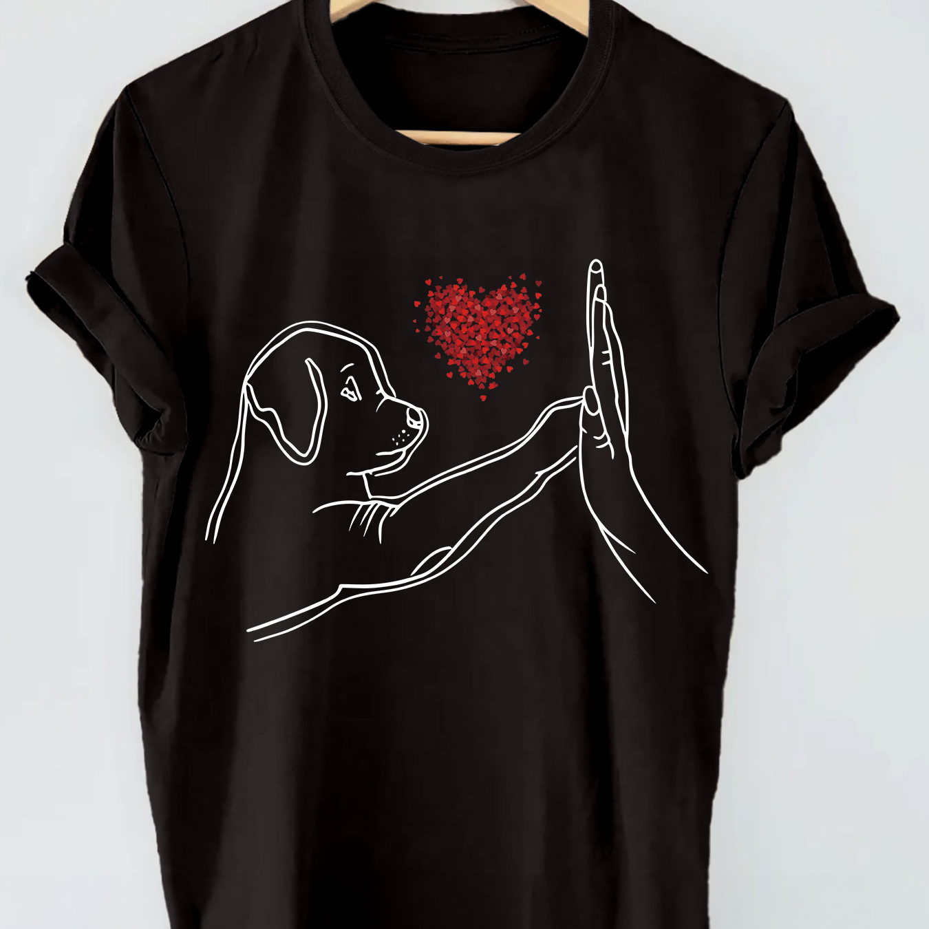 

T-shirt Imprimé Graphique Chien Et Cœur, Haut Décontracté À Manches Courtes Col Rond Pour L'été Et Le Printemps, Vêtements Pour Femmes