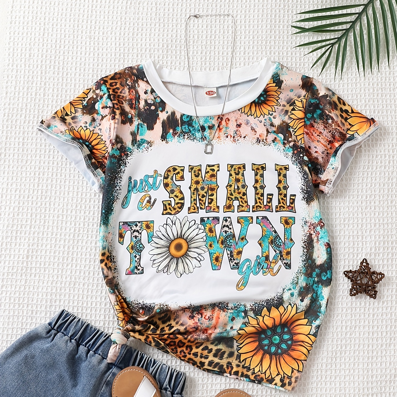 Girls Casual Trendy Vintage Sunflower Leopard Graphic Short Sleeve T-shirt For Summer Holiday Party Kids Clothes