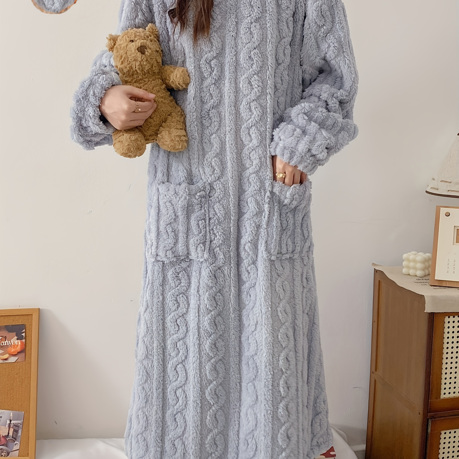 

Cozy Winter Plush Women's Bathrobe - Casual Solid Color Fleece Nightgown With Cable Knit Pattern, Long Sleeves, Round Neck, And Front Pocket For