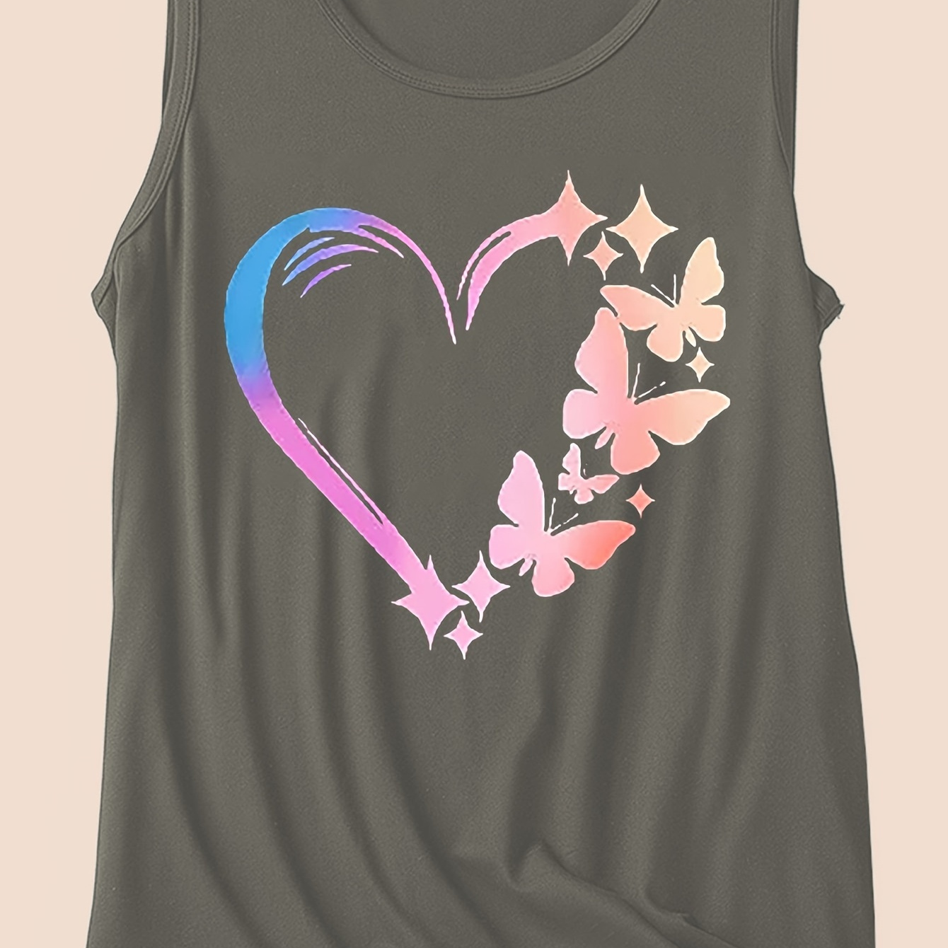 

Plus Size Casual Tank Top, Women's Plus Heart & Butterfly Print Round Neck Tank Top